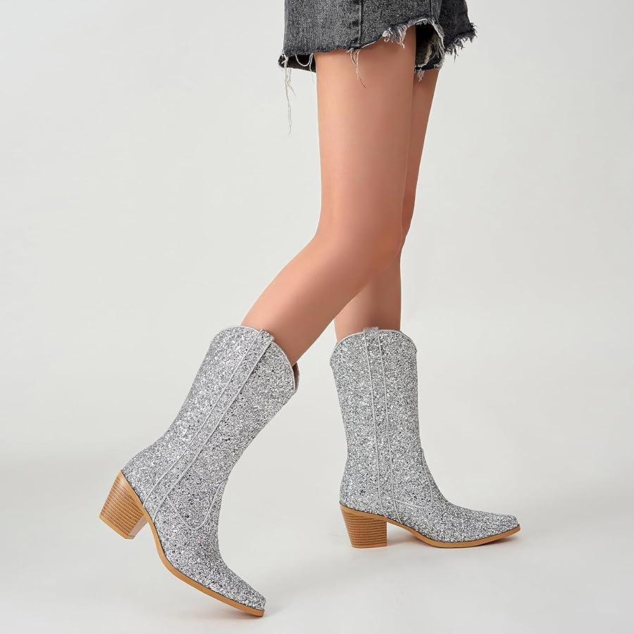 Amazon.com | Aizhenzm Glitter Cowboy Boots Silver Boots For Amazon.com | Aizhenzm Glitter Cowboy Boots Silver Boots For