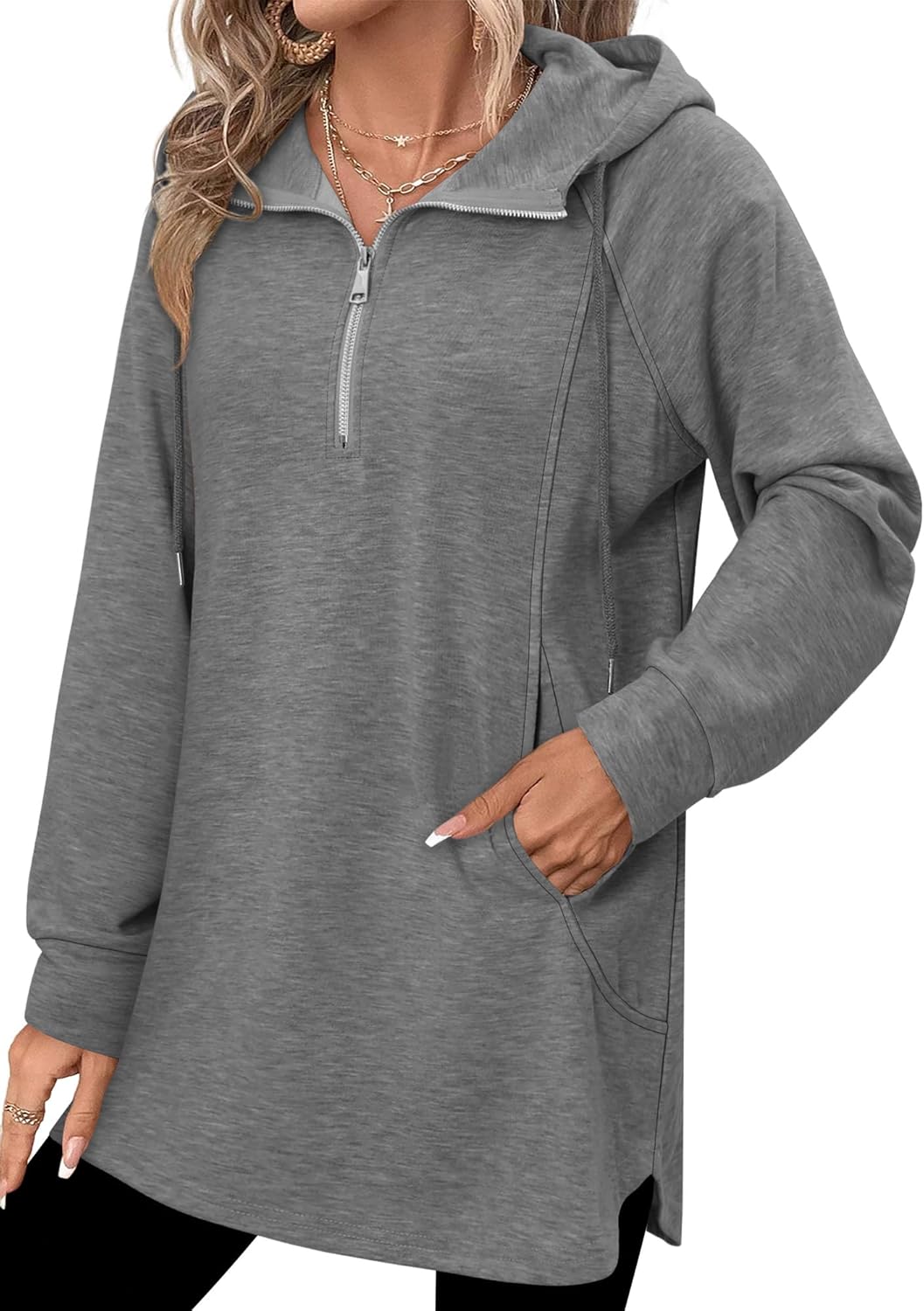 onlypuff Women Hoodie Pullover Trendy Quarter Zipper Lapel Sweatshirts Drawstring Cute Hooded Tunic Tops with Side Pockets - Image 4