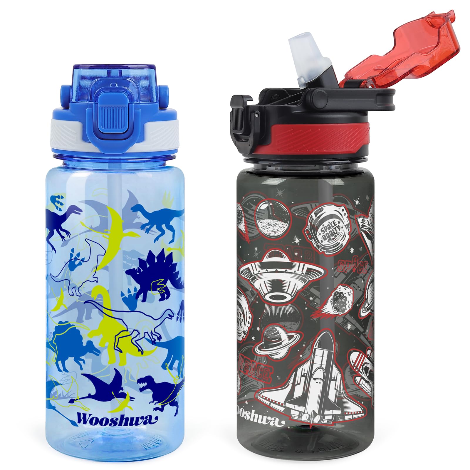 wooshwa Kids Water Bottle with Straw for School, 2 Packs 600ml/20 Oz Plastic Water Bottle with Silicone Spout and Pop-Up Cover, Leakproof & Dishwasher Safe (Dinosaur/Spacecraft)