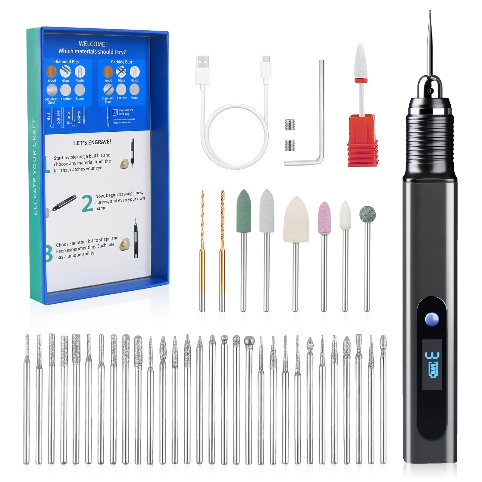 Cykelith Electric Engraving Pen Kit Rechargeable Engraver Pen with 39 Bits Mini DIY Electric Etching Machines Rotary Tool for Carving Jewelry Stone