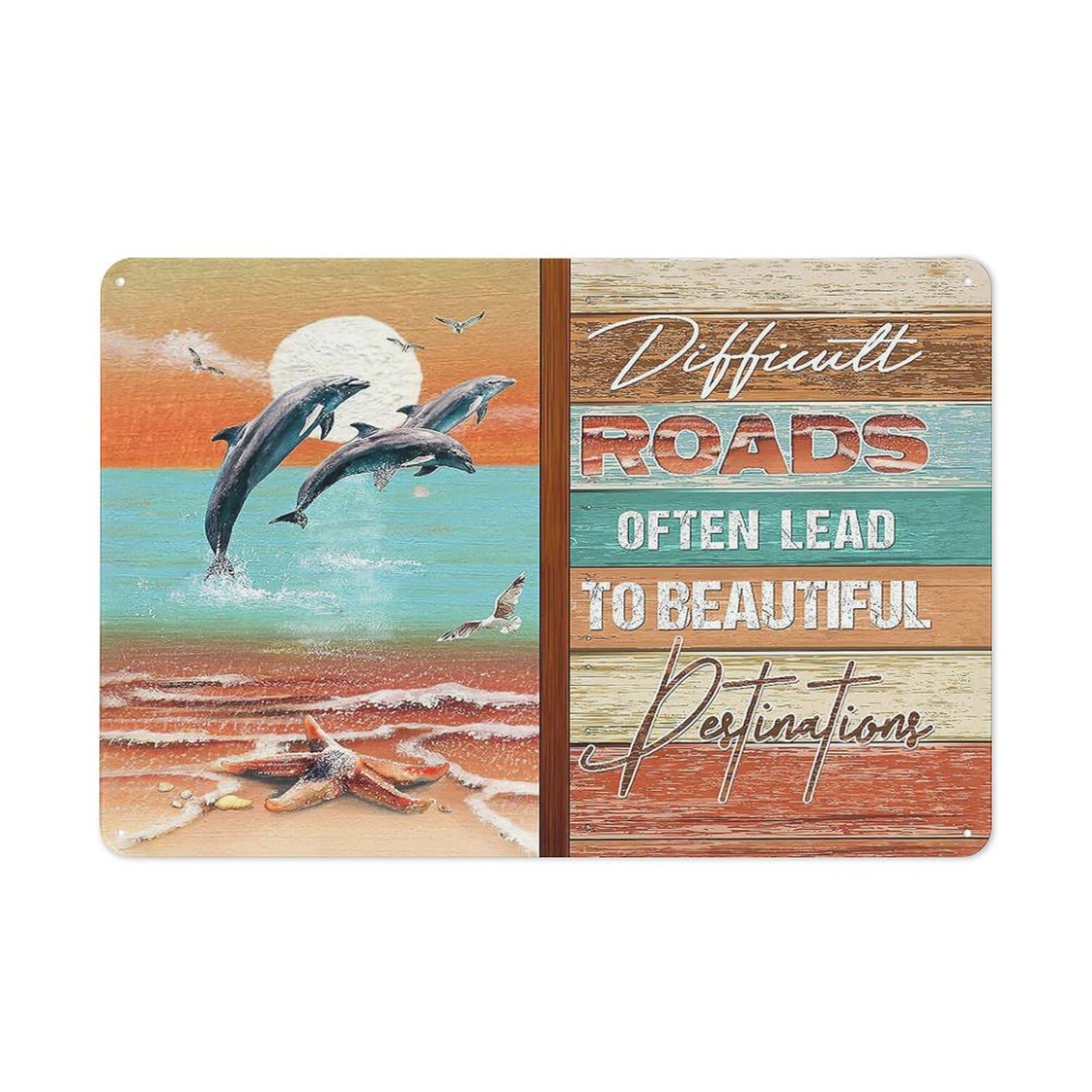 Rustic Metal Tin Sign, Dolphin Sunrise Beach Wall Art, Nautical Theme Bedroom Bathroom Decor 12x8 Inch