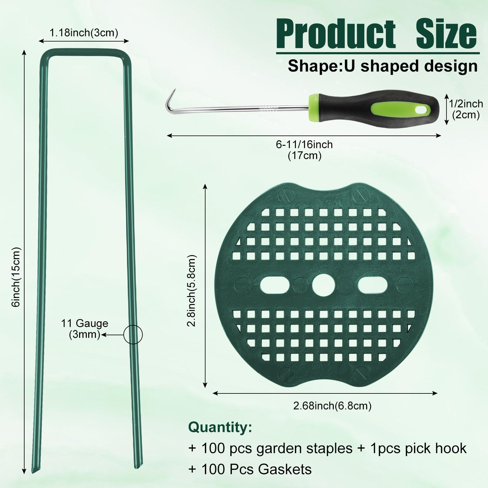 JEFHOMKIT 100Pack Green Landscape Staples and 100 Pack Buffer Washer,6 Inch 11 Gauge Galvanized Steel Garden Staples,Pick Hook Garden Stakes,Heavy Duty Yard Stakes for Weed Barrier Fabric,Ground Cover