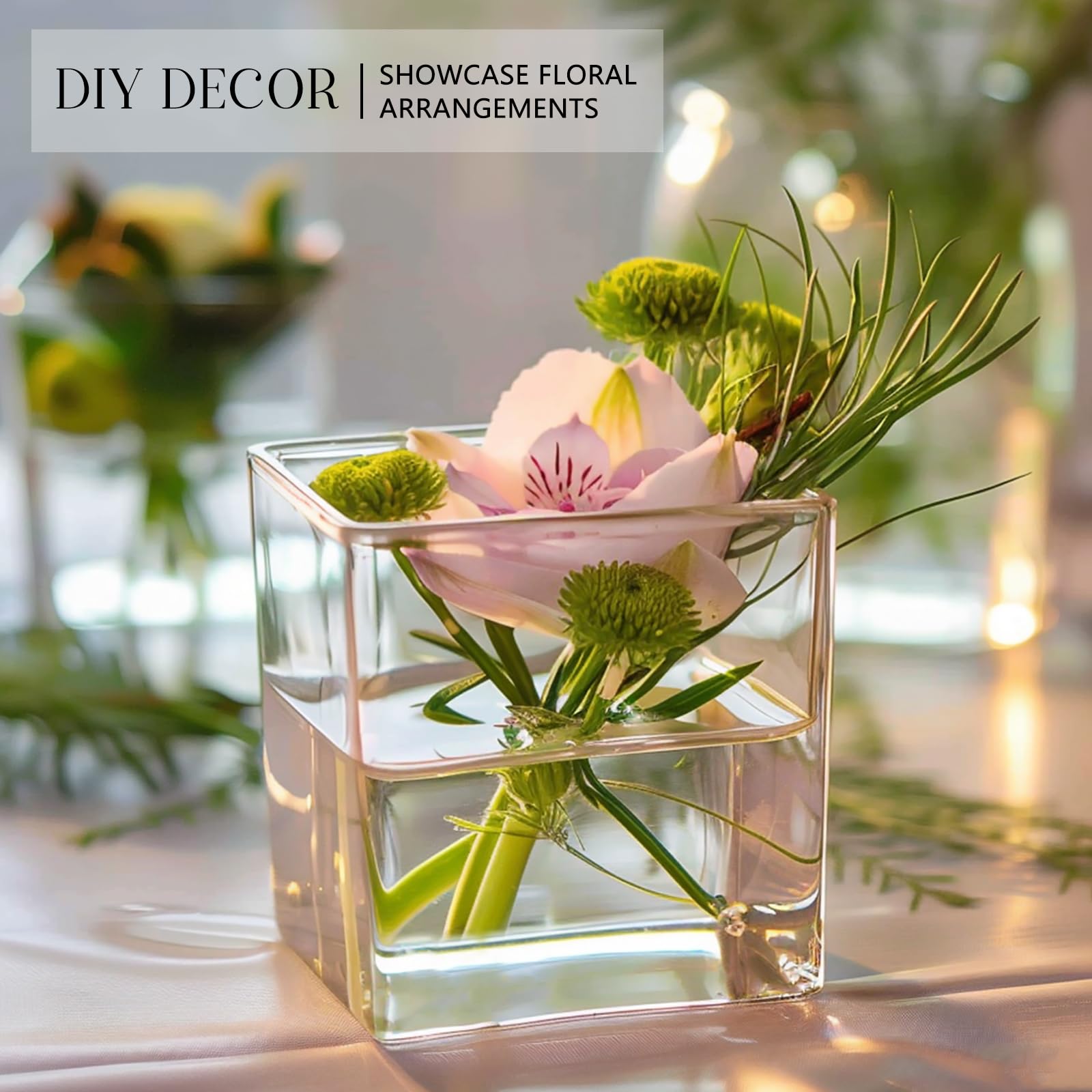 KEYWING Confezione da 6 vasi quadrati in vetro 12,7 x 12,7 x 12,7 cm, vasi da fiori trasparenti per centrotavola, vaso quadrato per fiori, portacandele per matrimoni, feste, decorazione per casa e
