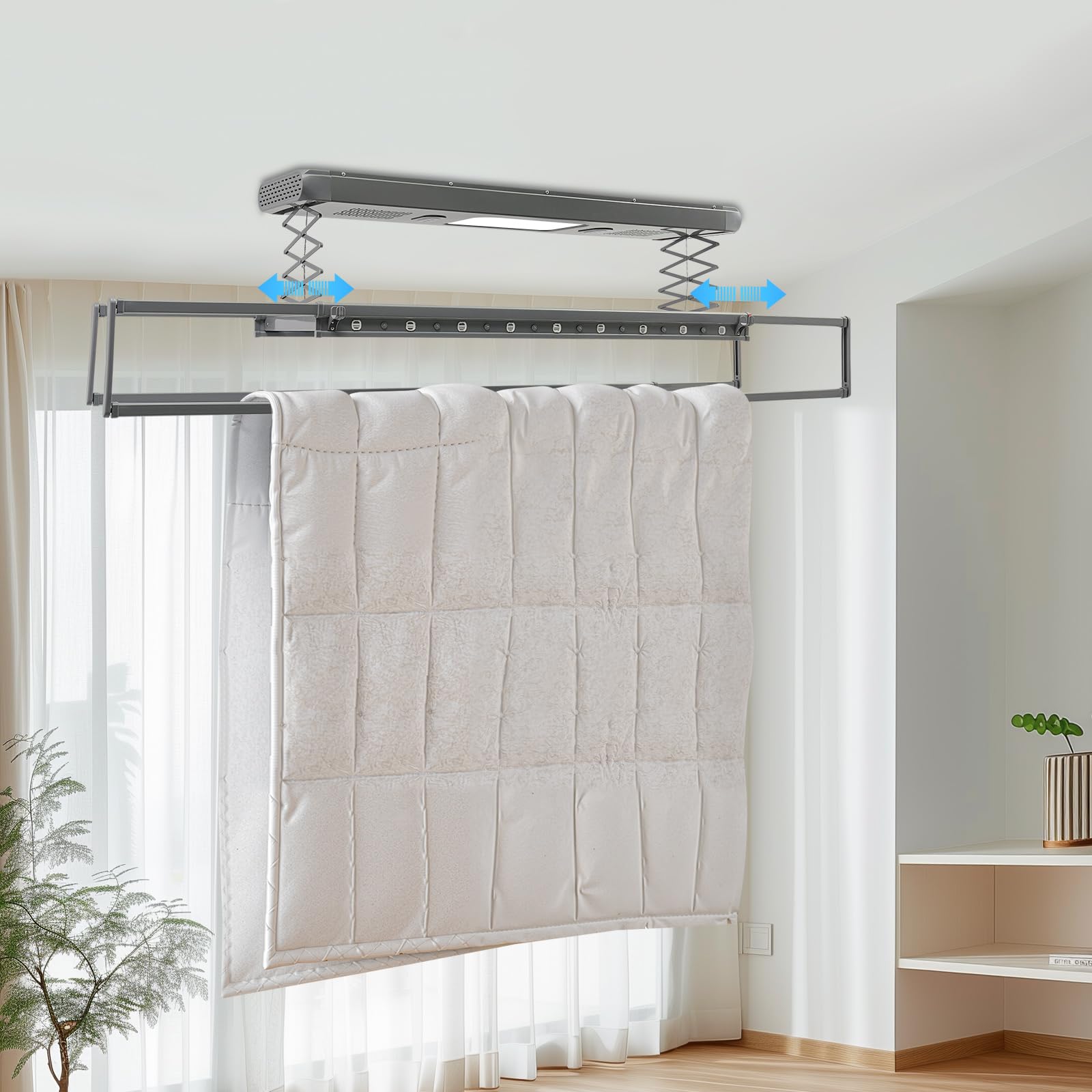 Elektrischer Wäscheständer Deckenmontage, Fernbedienung Teleskop, Grau | Elektrischer deckenwäscheständer, teleskopierbar 130-215cm, led licht mit lüfter, 35kg tragkraft für balkon, Aluminium, Grau