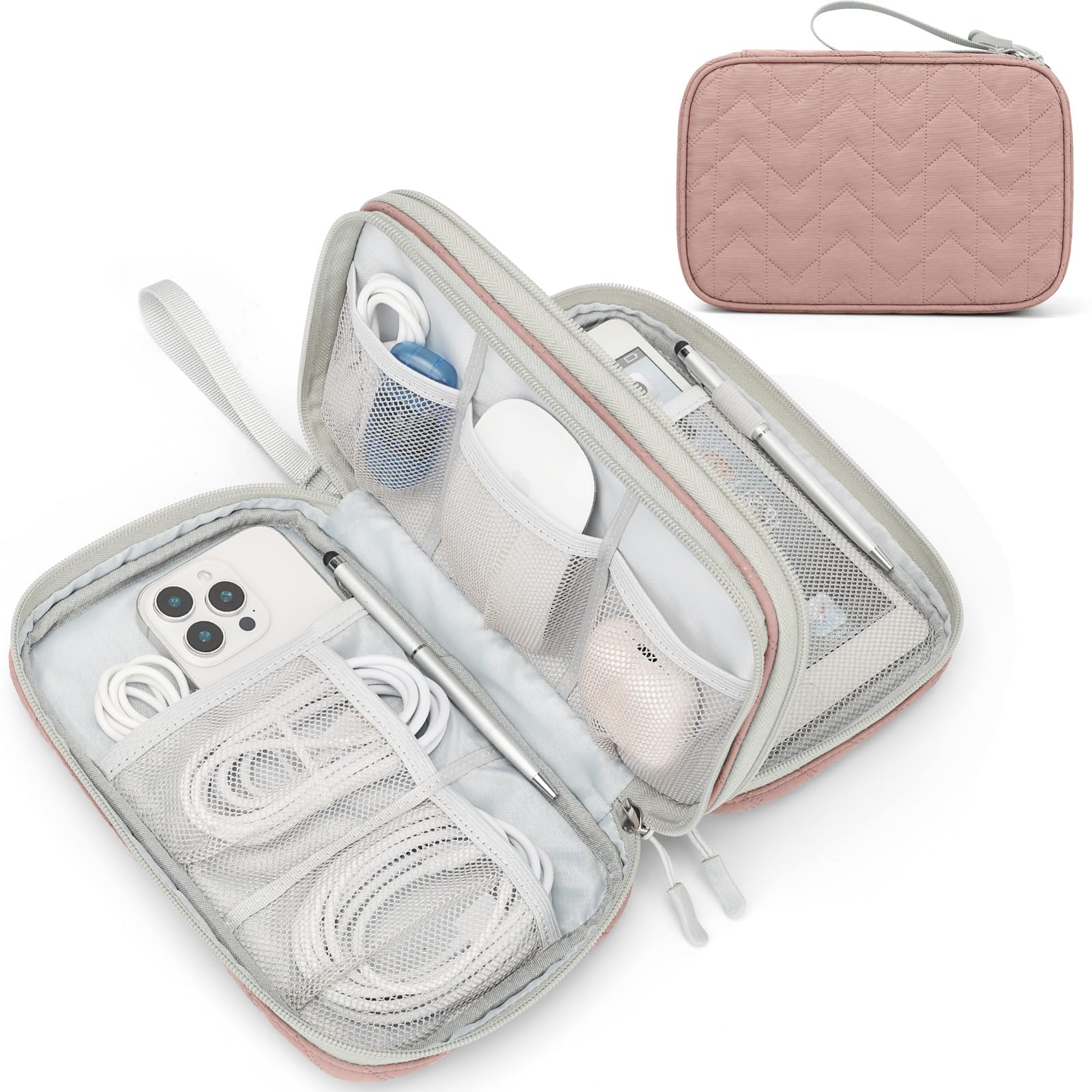 FYY Electronic Organizer, Travel Tech Pouch Bag, Large, Pink Quilted