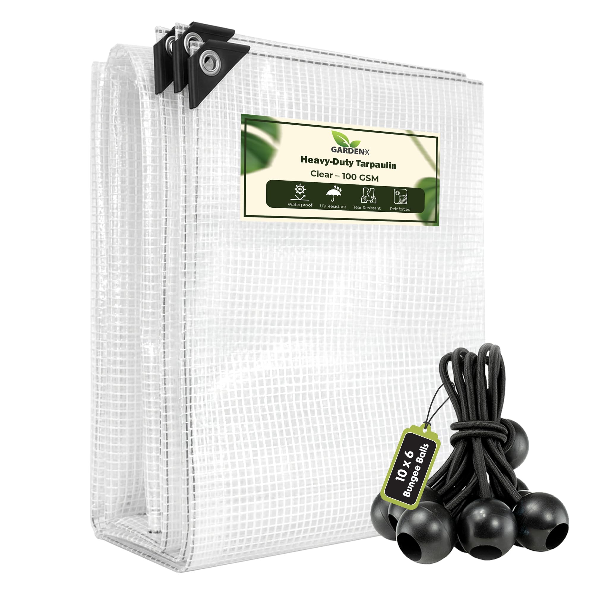 GARDENIX 5m x 8m Clear Heavy Duty 100gsm Tarpaulin Waterproof Transparent Tarp Sheet Cover with Mesh Support, Groundsheet Multipurpose Reinforced+ 10 x 6" Bungee Balls (Black)
