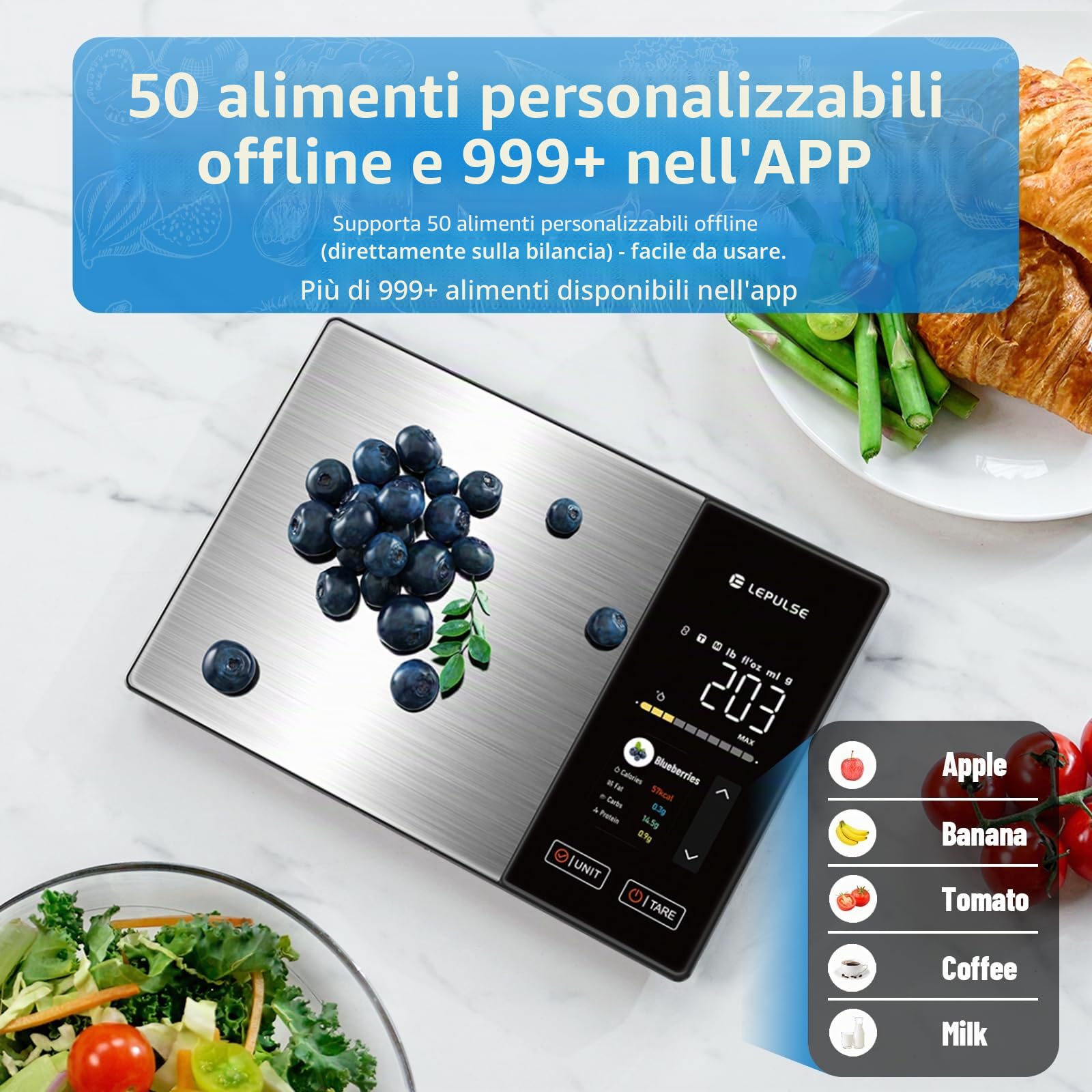 Bilancia da cucina digitale con calcolo dei valori nutrizionali, bilancia per alimenti con 24 analisi nutrizionali, bilancia per alimenti in acciaio inox da 5 kg, display TFT a colori, 50 analisi