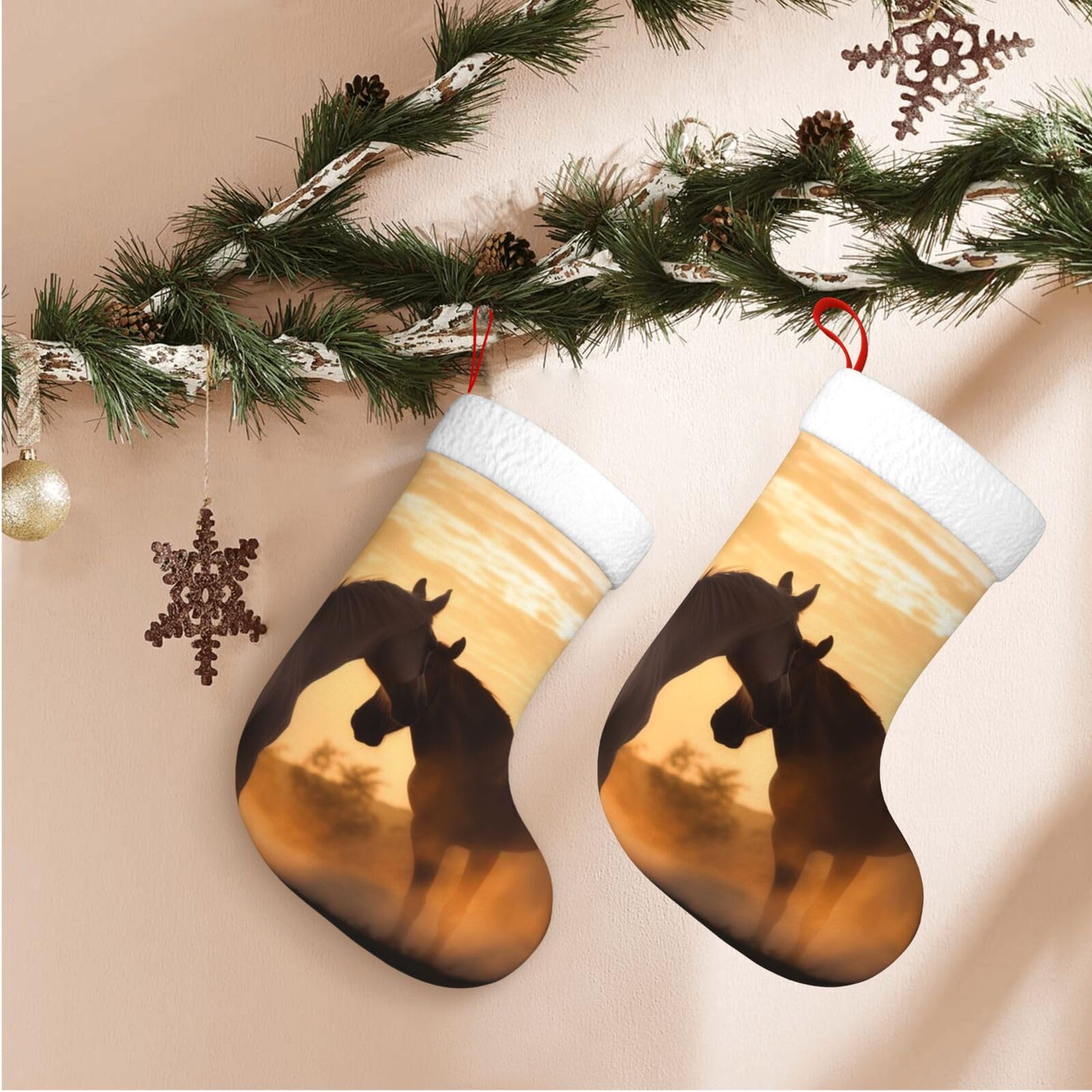 Horses in Love Christmas Stockings Velvet Xmas Fireplace Hanging Stocking with Plush Cuff Rustic Christmas Santa Stockings for Home Christmas Decorations Party Favor Supplies