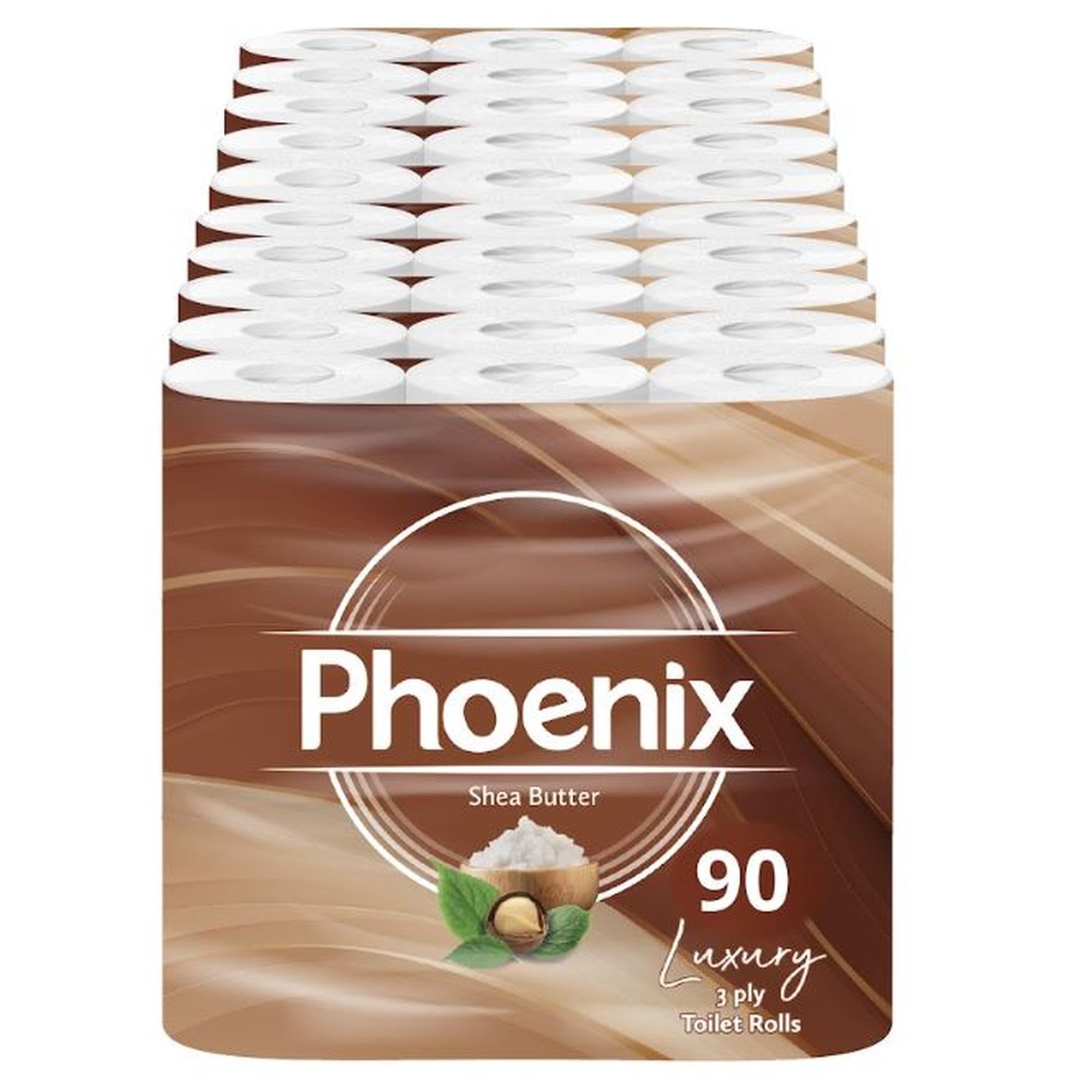 Phoenix Toilet Rolls – 90 Pack | 3 Ply Shea Butter Scented Toilet Paper | Bulk Buy, Soft, Quilted, Sustainably Sourced, Eco- Friendly Luxury Bathroom Tissue