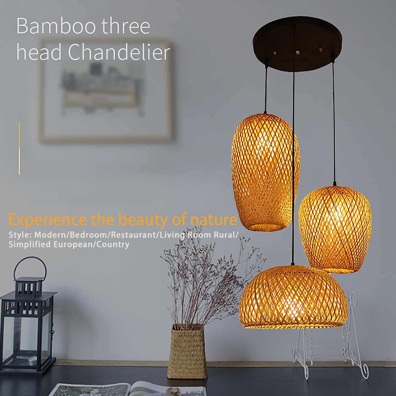 Wisząca Lampa Z Bambusowego Plecionki 3-Światła, Ręcznie Wykonany Żyrandol Konopny Kula, E27 Vintage Industrialna Lampa Wisząca Do Wyspy Kuchennej Jadalni Salonu(Circular disc)
