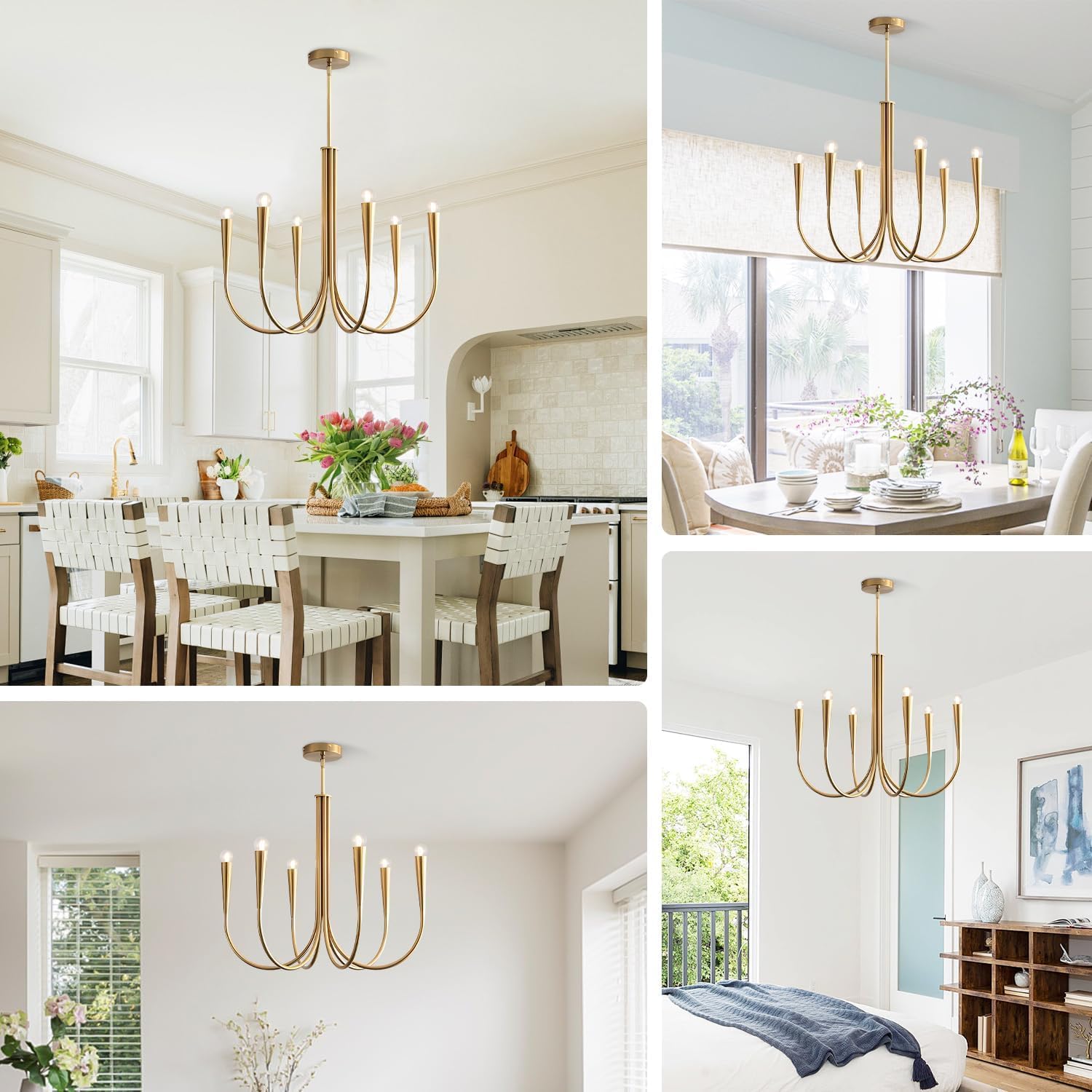 KCO Lighting Lampadario a Candele Dorato,Vintage Altezza Regolabile Lampadari Soggiornoa 6 Luci,Classico Moderno Industriale per Sala da Pranzo Cucina Isola Camera da Letto E14
