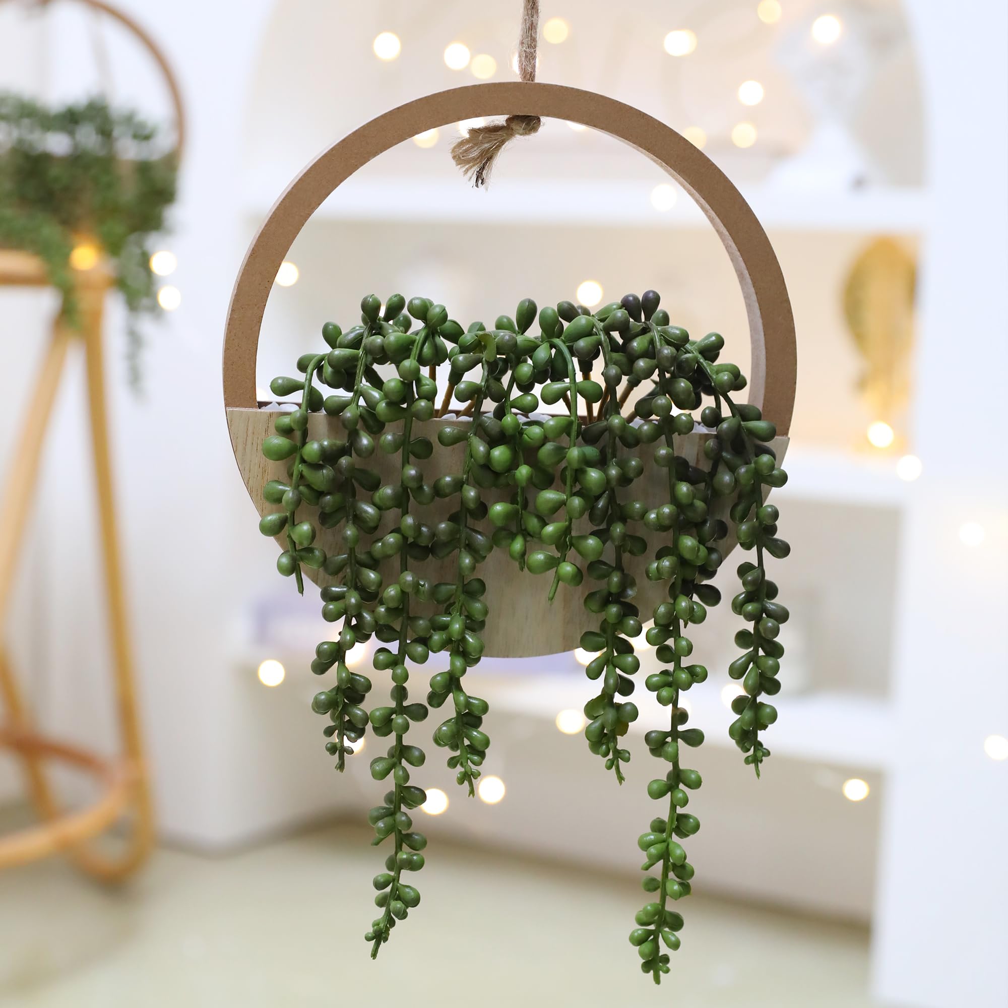 Floweroyal Lot de 2 Plantes succulentes artificielles à Suspendre de 50,1 cm en Pot avec Cordon de 24 cm pour décoration Murale intérieure et extérieure (Couleur Bois)