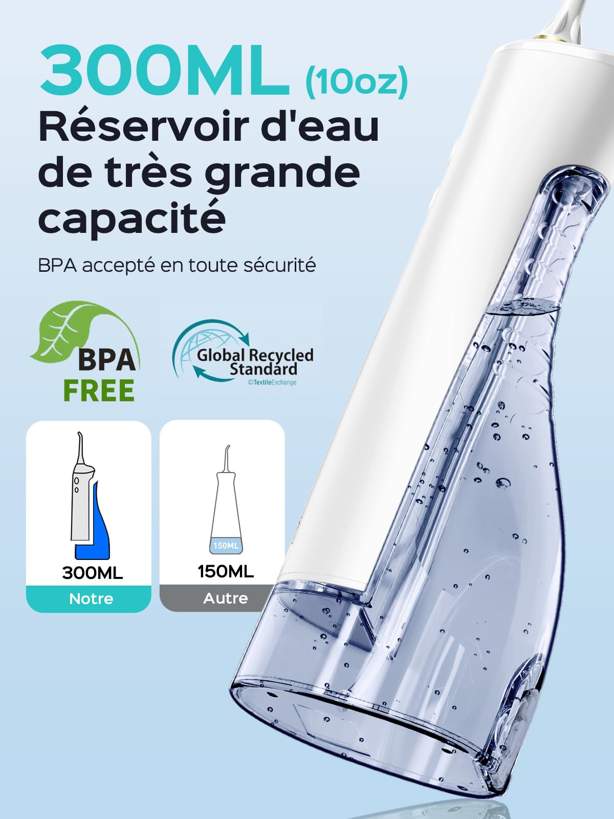 COSLUS Hydropulseur jet Dentaire Portable Dentaire Irrigateur Oral, 300 ML Sans Fil Hydropulseur 10 niveaux de contrôle doux, Rechargeable et Étanche IPX7 Vainqueur du Test, Blanc