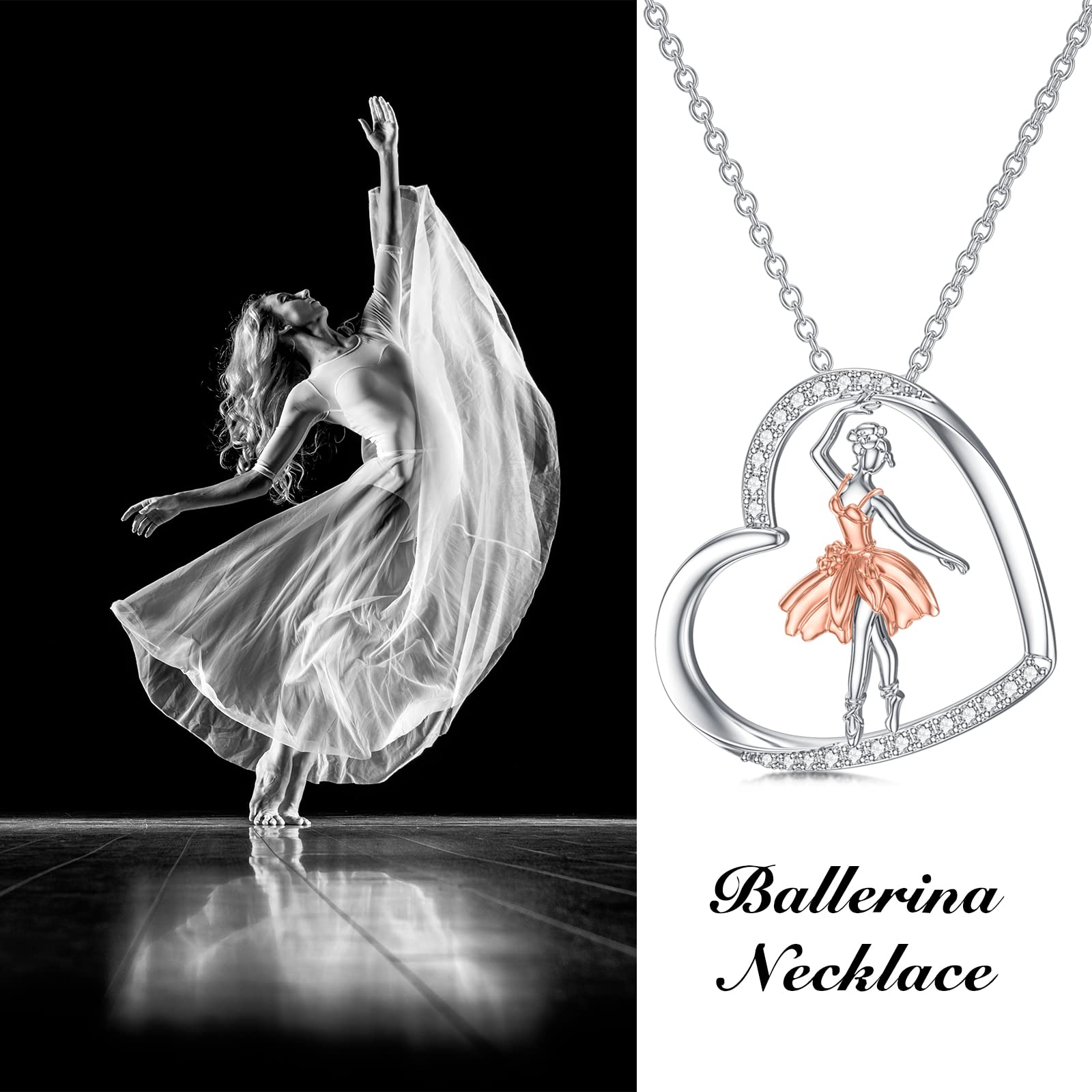 ROMANTICWORK Ballerina Kette Sterling Silber Ballett Tanzen Mädchen Halskette Ballerina Herz Anhänger Halskette Schmuck Geburtstag Geschenk für Damen Tochter