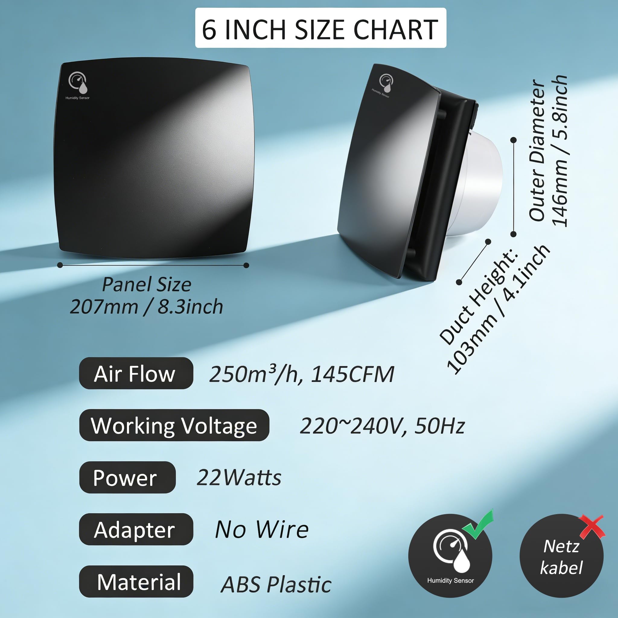 Ventilador de baño negro con sensor de humedad de 150 mm, ventilador extractor de aire con válvula antirretorno, anillo de montaje de ventanas para cocina, inodoro, baño