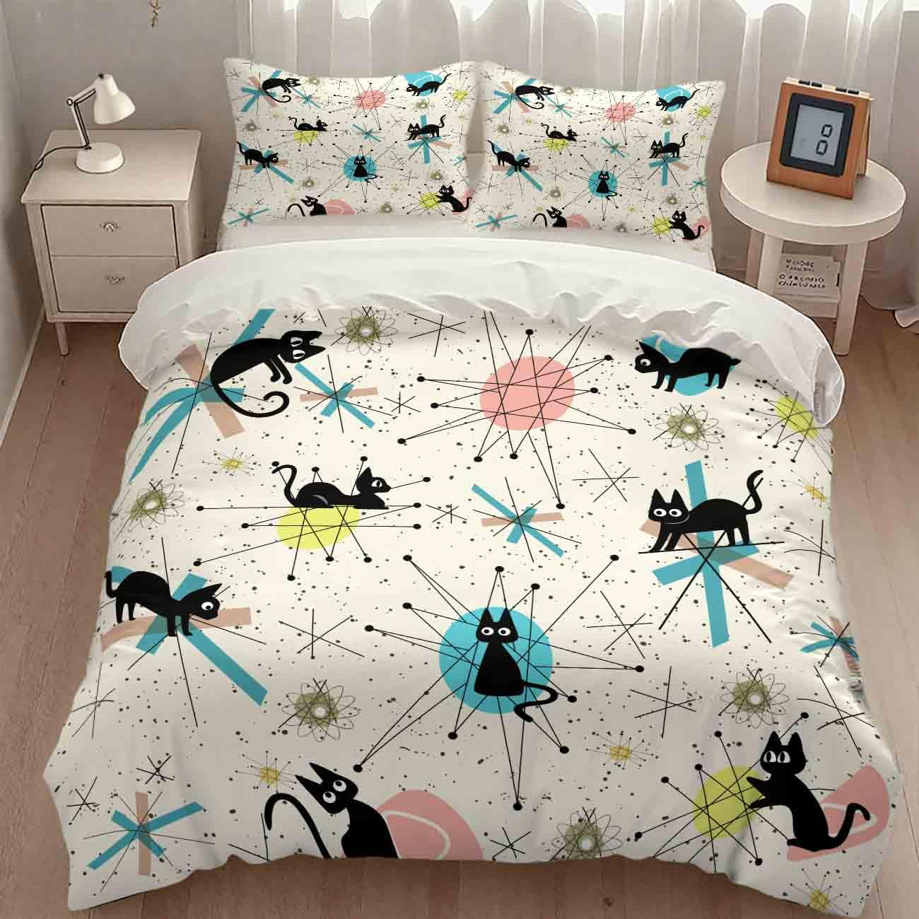 Mid Century Black Cat Comforter Set,Retro Abstract Atomic Star Pattern Cartoon Black Cat 1950s 1960s Vintage Pastel Bedding Set with Pillowcase for Bedroom Bed Decor，Twin 86"x70"