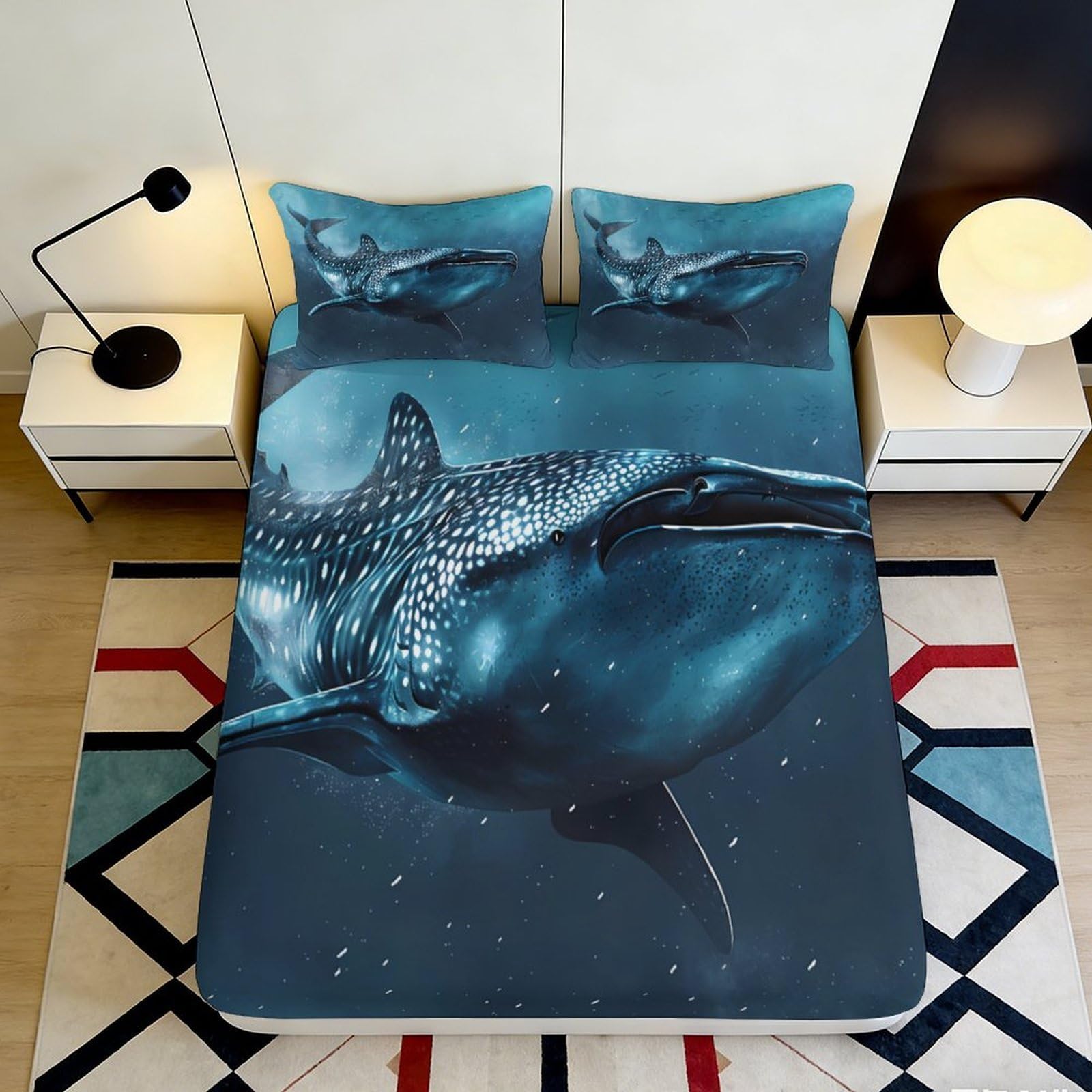 3D Printed Whale Shark Ocean Fitted Sheet Microfiber Soft Anti-Slip Mattress Cover for Bedroom Decor 90x200x25cm