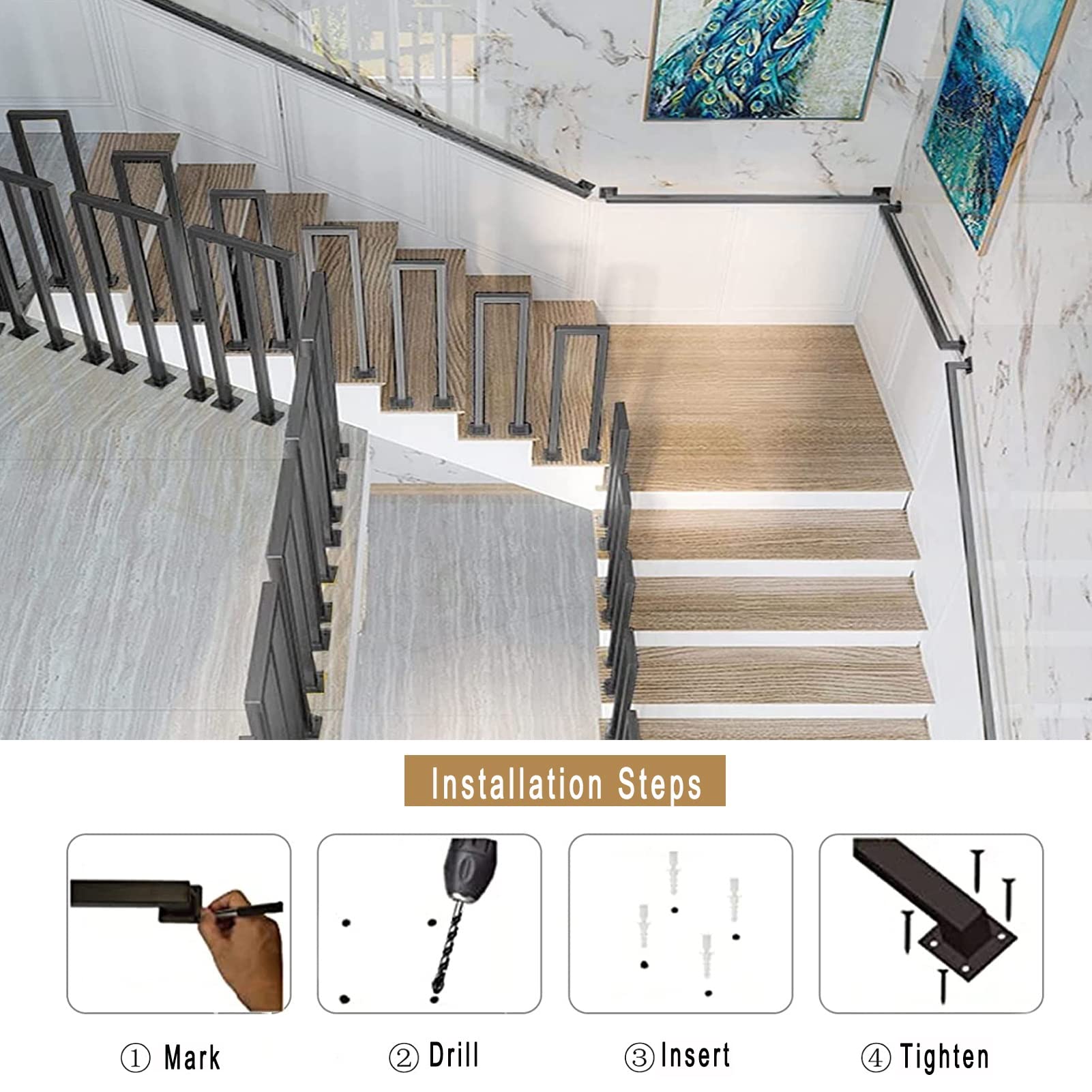 Corrimano Per Scale Nero - Ringhiera In Ferro Quadrato Per Interni Ed Esterni, Lunghezza 400 Cm