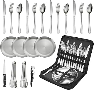 20 Piezas de Juego de Vajilla de Camping para 4 Personas en Acero Inoxidable, con Cuchara, Tenedor, Cuchillo, Plato, Clip para Camping, Picnic y Senderismo