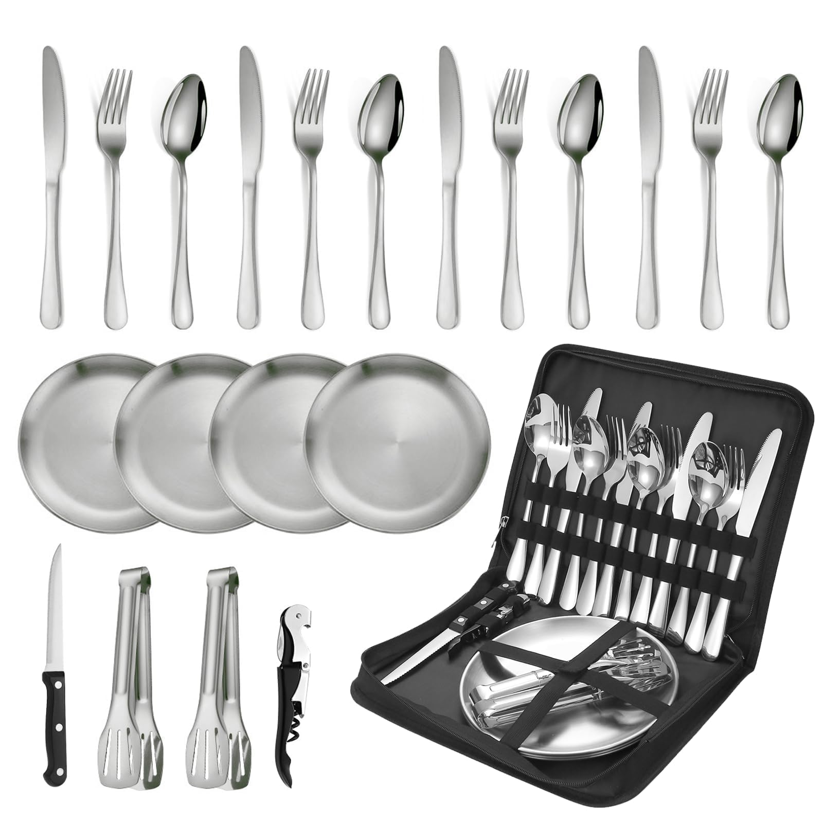 Couverts de Camping en Acier Inoxydable pour 4 Personnes avec cuillère, Fourchette, Couteau, Assiette Clip