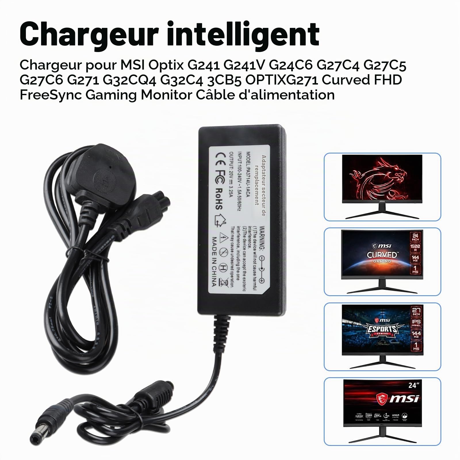 Alimentation MXJFYY 20 V 3,25 A pour Moniteur MSI, Chargeur pour Moniteur de Jeu MSI Optix G271 G272 G241 G241V G2422 G2412 G24C6 G27C5 G24C4 G27C6 G32C4 G32CQ4 ADPC2045 MAG274QFR MAG342CQR G24 G27