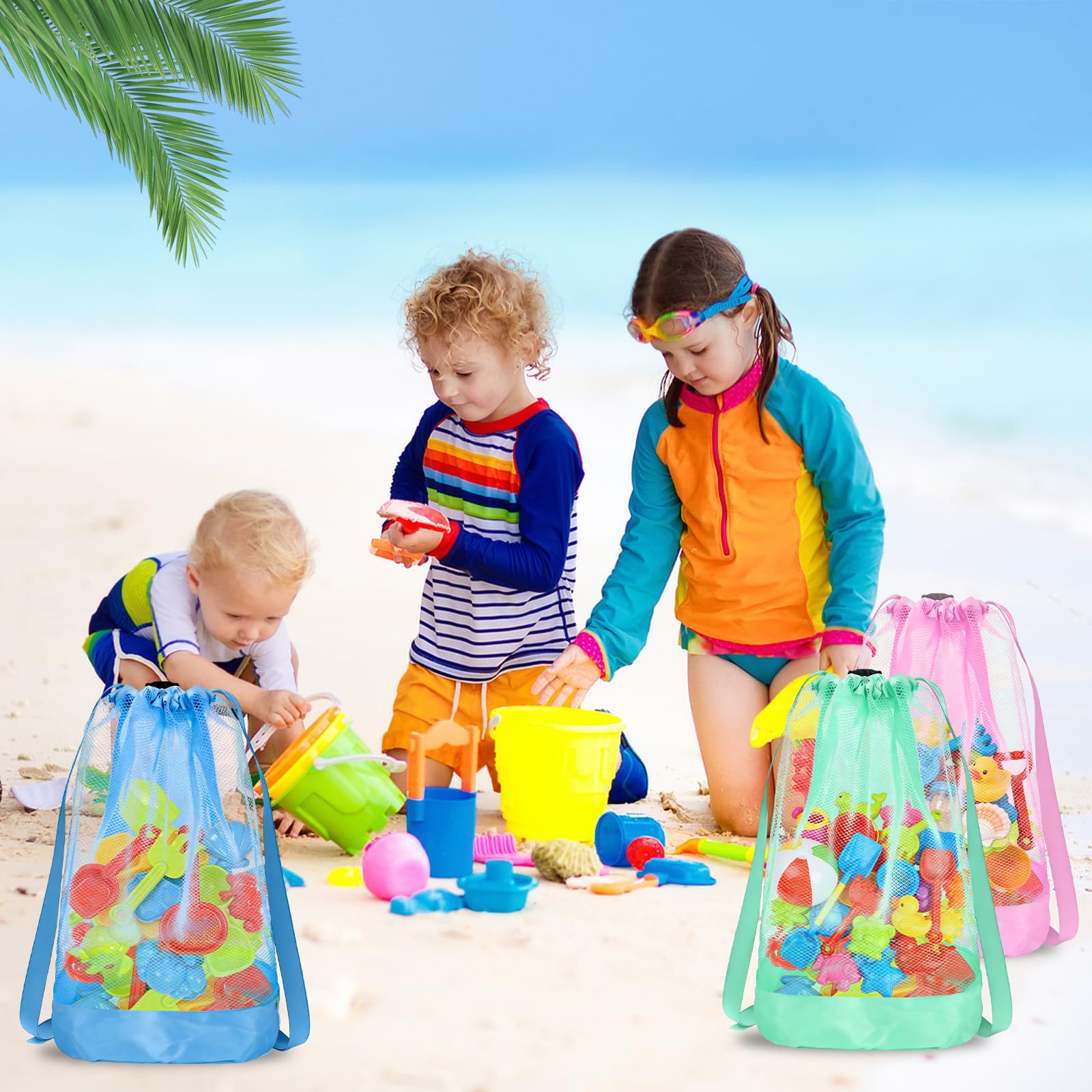 Bolsa para juguetes de playa, 3 PCS Bolsa Malla Juguetes Playa, Bolsa Juguetes Plegable, Bolsa de playa de malla con cordón, Para vacaciones familiares, viajes a la playa, juguetes (A)