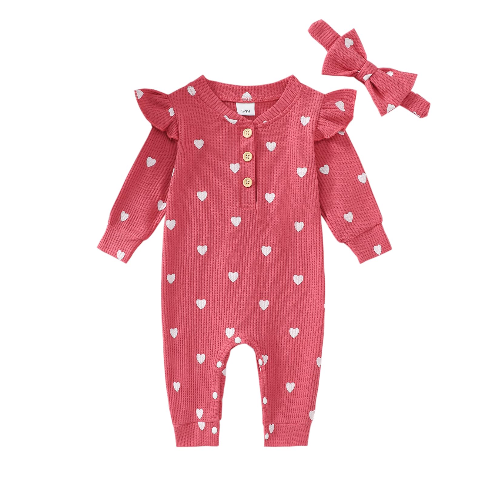 My First Valentines Baby Girl Romper Newborn Long Sleeve Heart Print Knitted Button Down Jumpsuit Headband