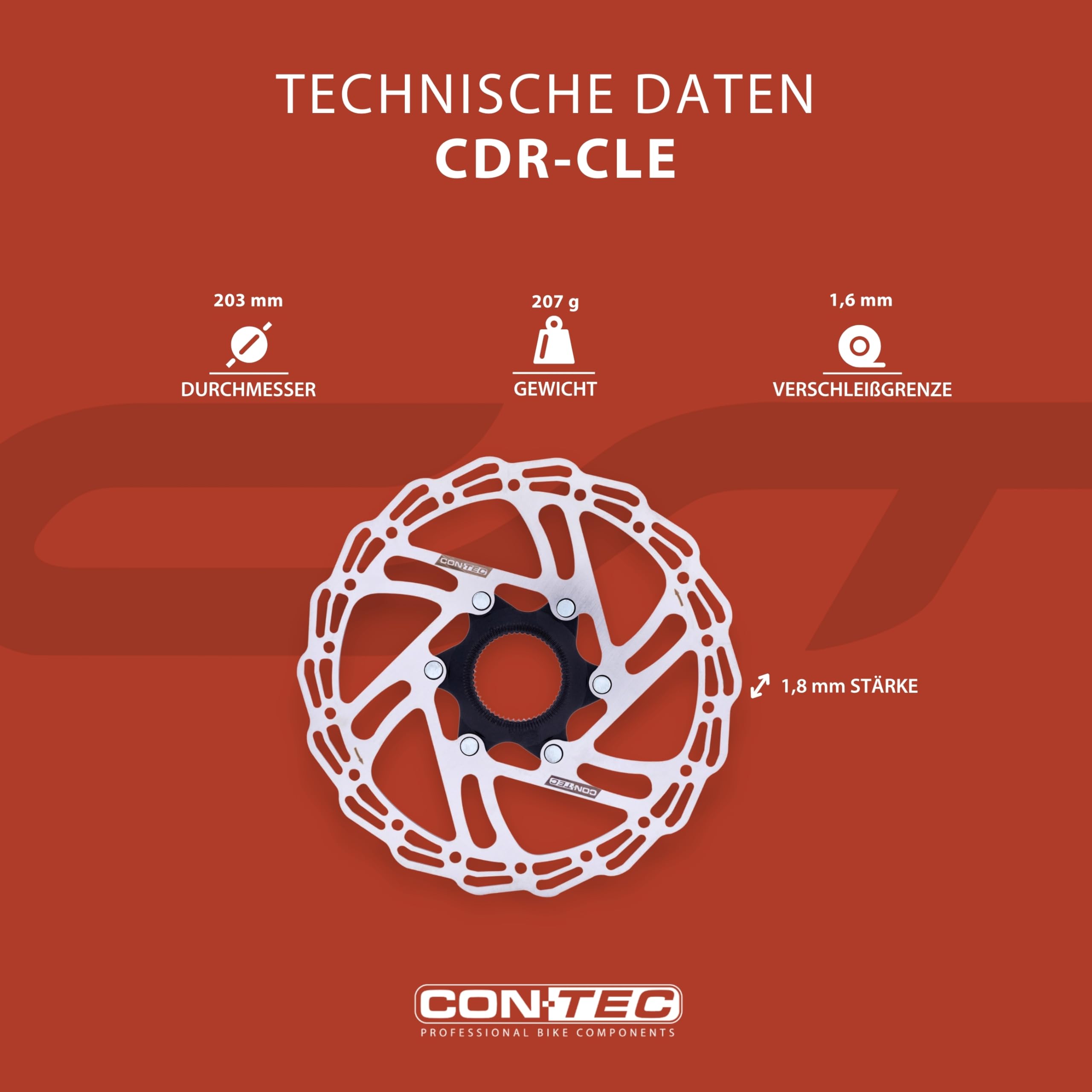 CONTEC Fahrrad-Bremsscheibe CDR-CLE, 203 mm, 207 g, Aluminium-Spider, Center Lock, E-Bike kompatibel, Edelstahl, hitzebeständig, einfache Montage, silber