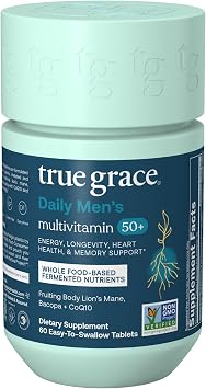 True Grace Daily Mens Multivitamin 50+ 60 Easy-to-Swallow Tablets - Immune, Energy, Longevity & Memory Support - Gluten Free, Soy Free, Vegan - 30 Servings