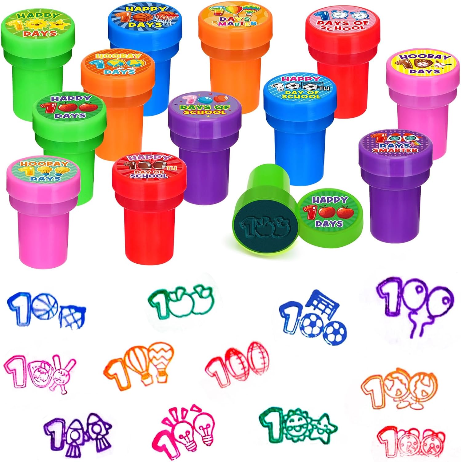 Cinrobiye 24 Pcs Happy 100th Day Party Stampers for Boys Girls,100th Day of School Party Supplies Favors, Classroom Rewards Carnival Prizes, Goodie Bag Pinata Fillers for 100 days of school (100 day)
