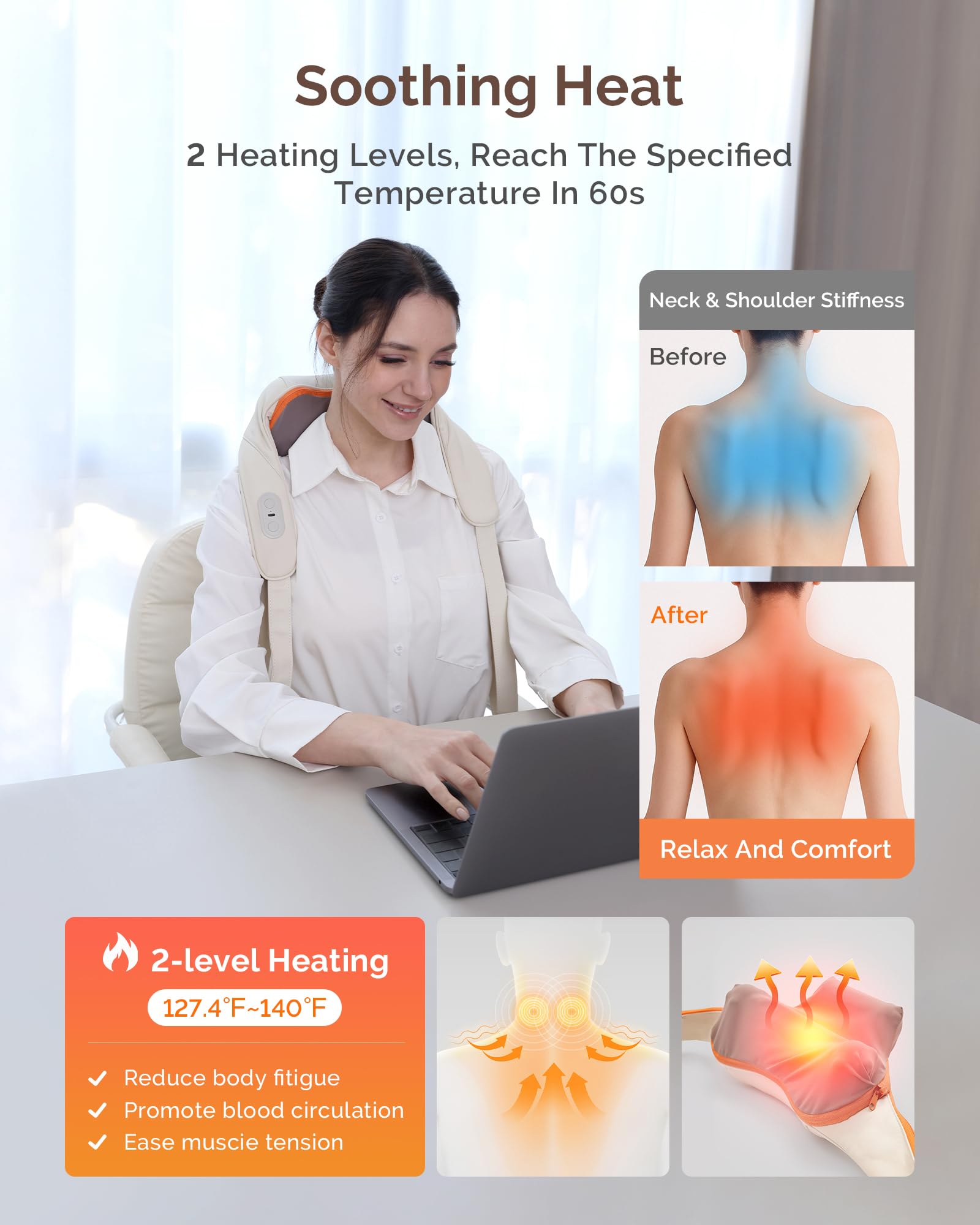 AIRSEE Massaggiatore senza fili per collo e spalle con calore, tessuto profondo impastante 4D, 3 modalità 2 livelli di riscaldamento, massaggio shiatsu schiena e spalle, batteria da 2000 mAh, per
