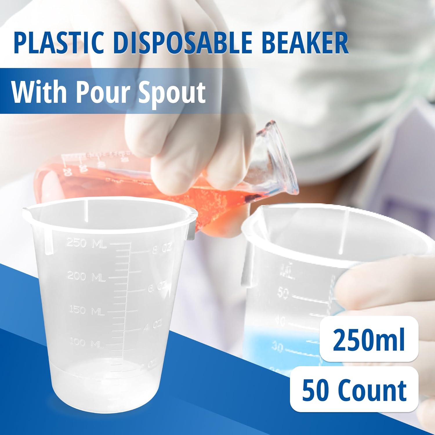 Plastic Beaker 250ml / 8.45 oz Set of 50 by Maryland Plastics – Clear Graduated Disposable Beakers with Pour Spout – Perfect for Resin Mixing, Science Labs, and Home Use