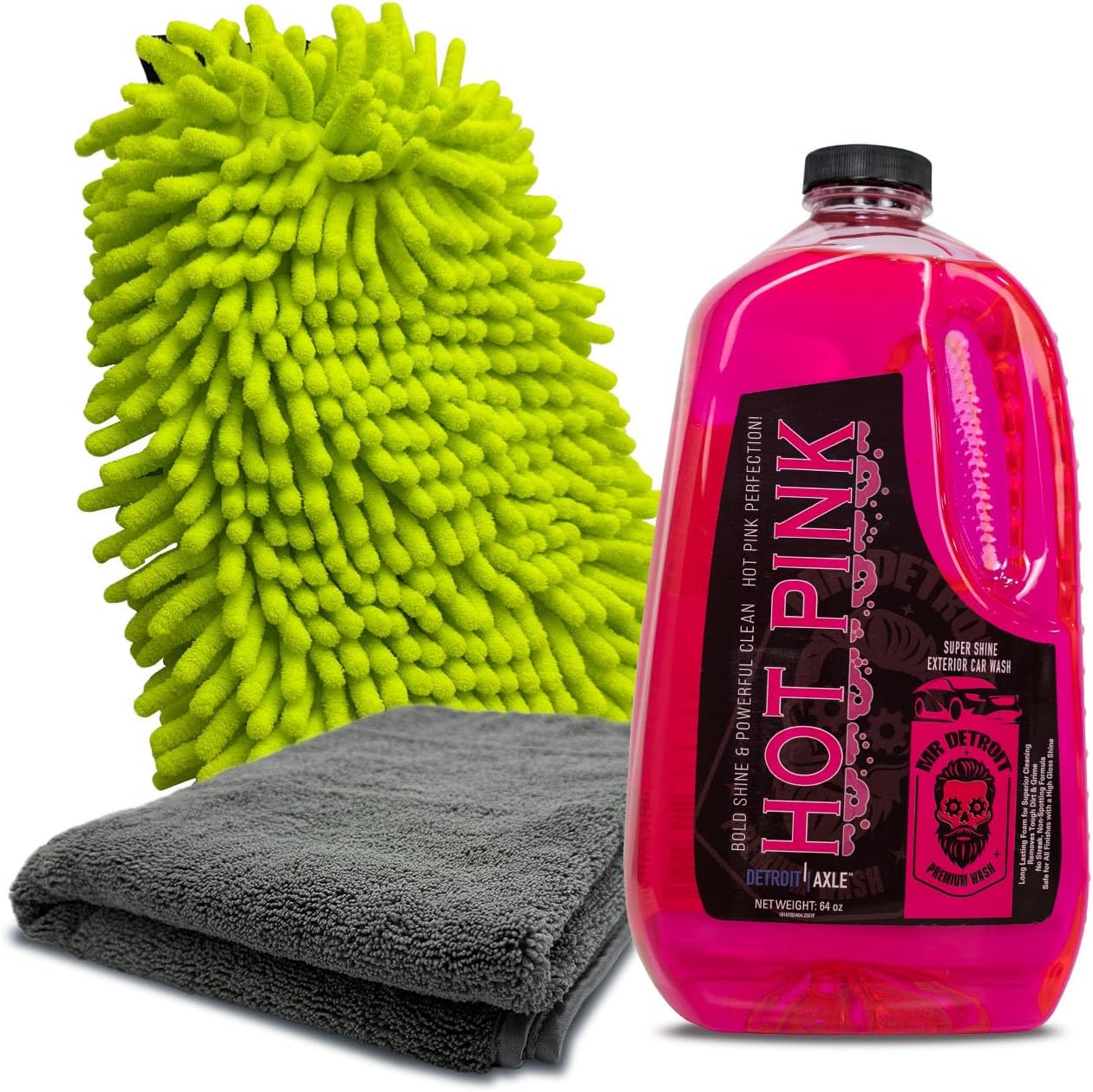 Mr. Detroit - 3pc Car Wash Kit with 64oz Car Soap, Microfiber Drying Towel and Double Noodle Wash Mitt, Soap Shampoo Cleaner Streak-Free Exterior Scratch-Free Cleaning for Auto Detailing & Home Use