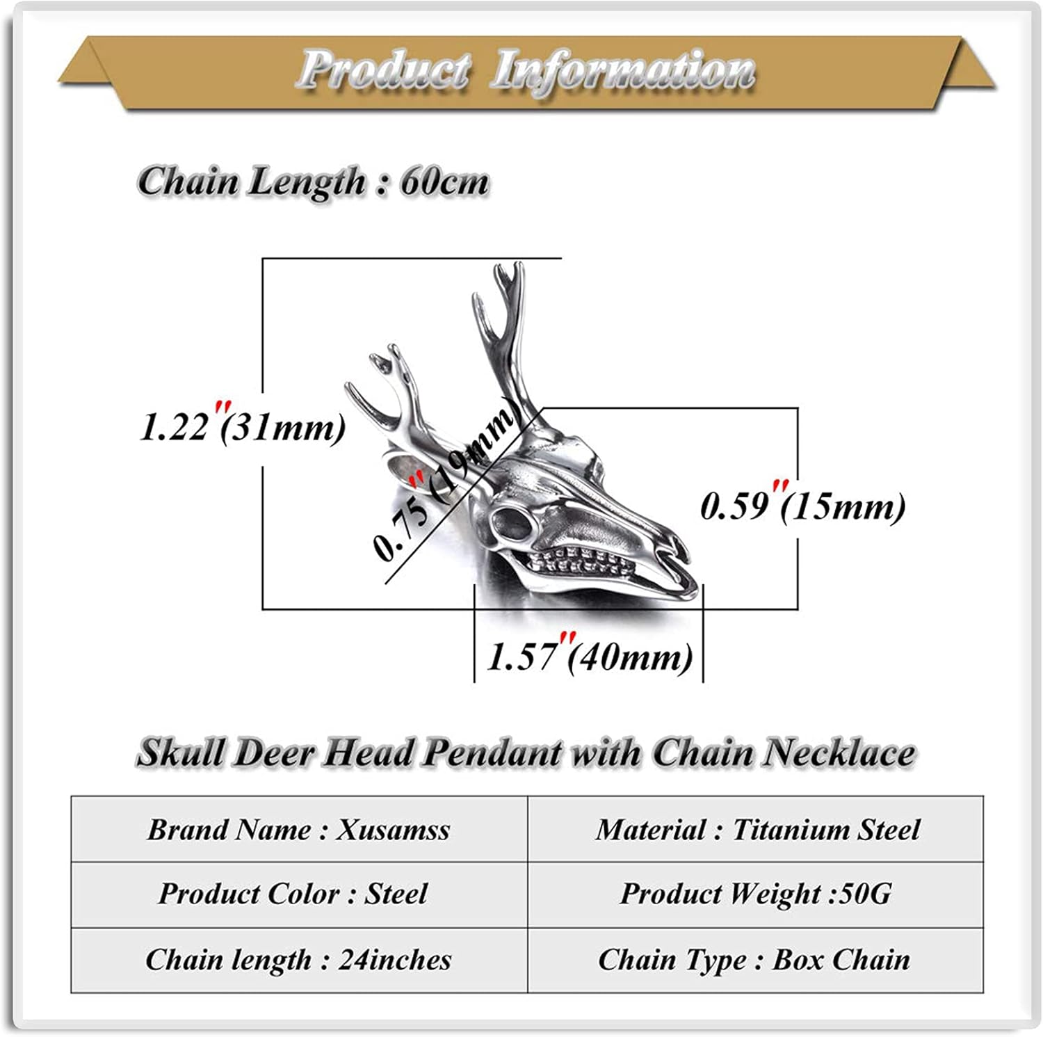 Xusamss Punk Titanium Steel Deer Head Pendant Skull Necklace With 24" Chain - Image 2