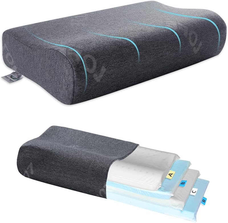 Almohada de contorno: suavidad y dureza ajustables para un apoyo ideal | Almohada cervical ajustable de 4 capas para dormir de lado, boca arriba y boca abajo, almohada cervical de 11 alturas para una alineación adecuada de la columna vertebral para aliviar el dolor de cuello
