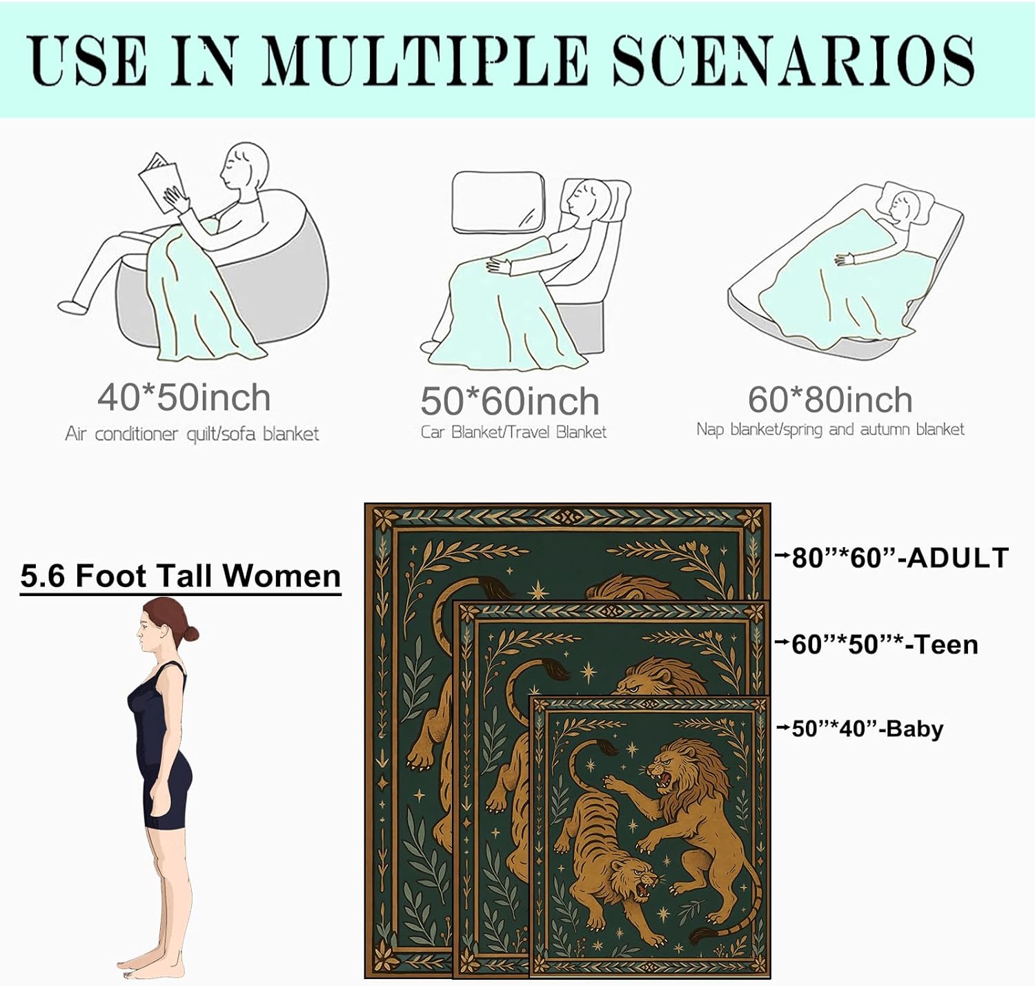 Lion and Tiger Battle Fleece Blanket,50x60in,Vintage Golden Jungle Style Celestial Accent Deep Green Throw Blankets,Soft Cozy Lightweight, Ideal for Bed Living Room Home Cool Decor,Gifts - Image 3