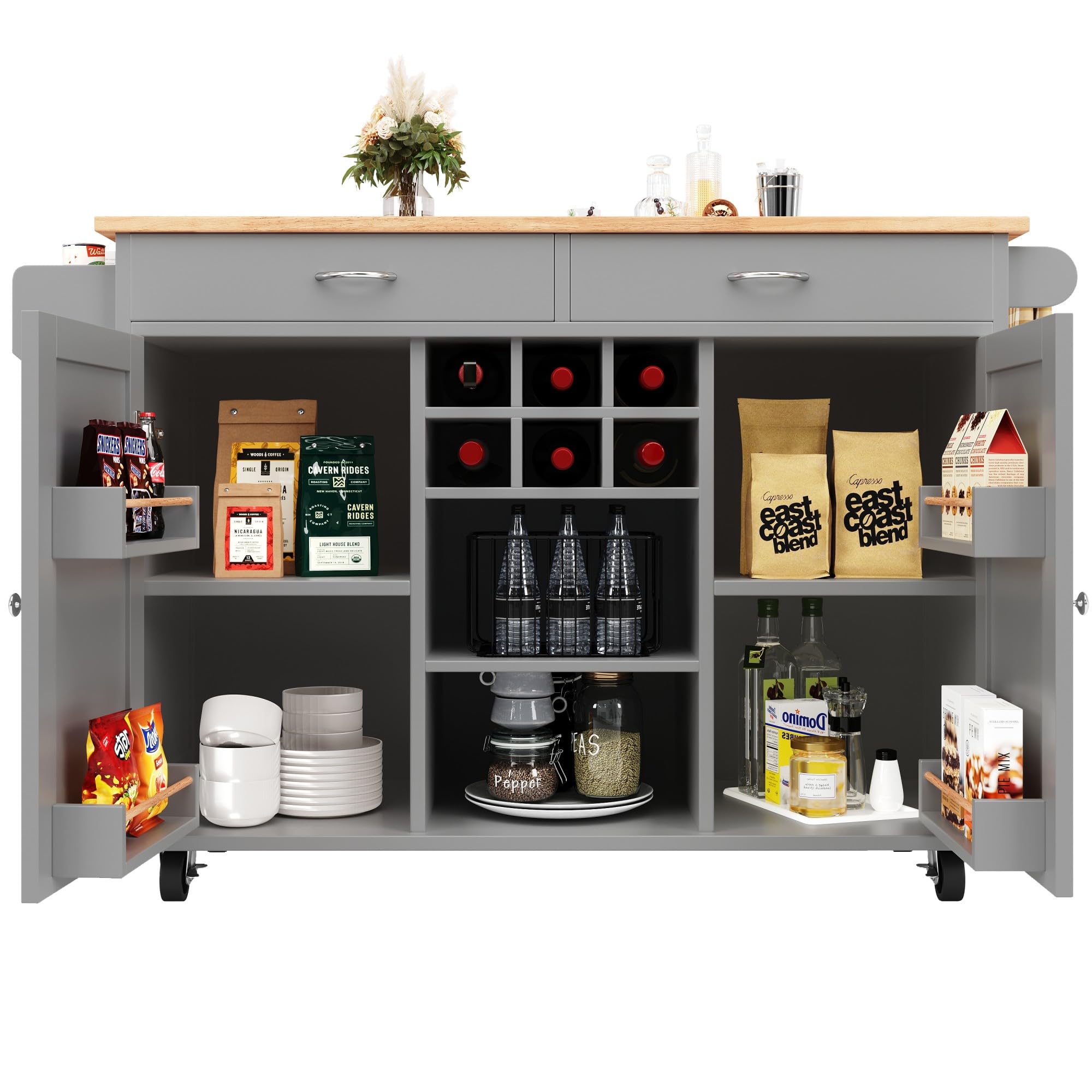 Azkoeesy Carrello da Cucina, Carrello da Buffet Mobile, Carrello da Cucina, 102×45×92 cm, Grigio con Finitura Legno, con Portabottiglie, Portaoggetti, Porta Asciugamani, 2 Cassetti e Ante