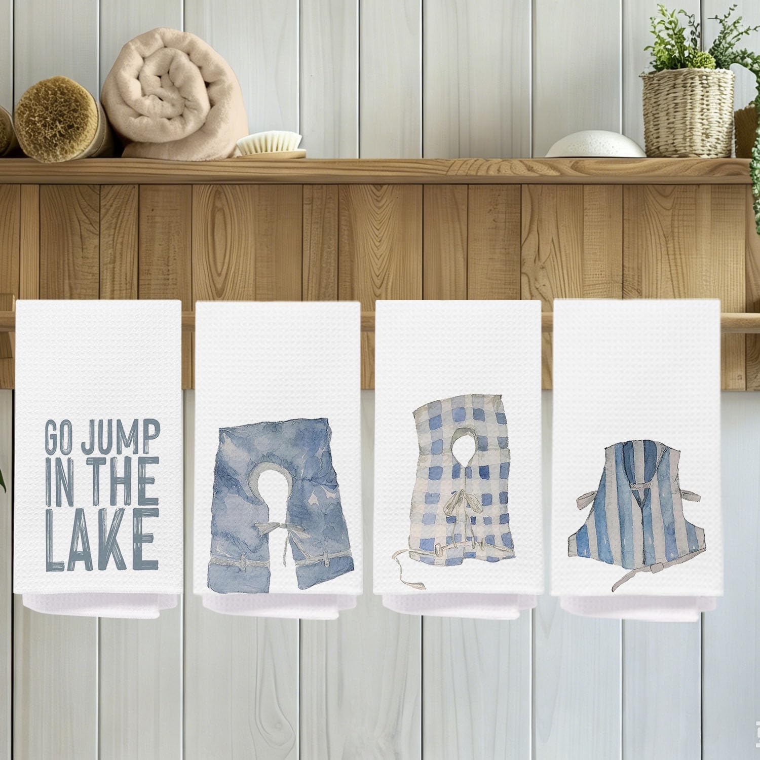 Blue Lake House Kitchen Towels 16x24 Inch, Go Jump in The Lake Lakehouse Life Jacket Decorative Hand Dish Tea Towels for Bathroom Kitchen Set of 4