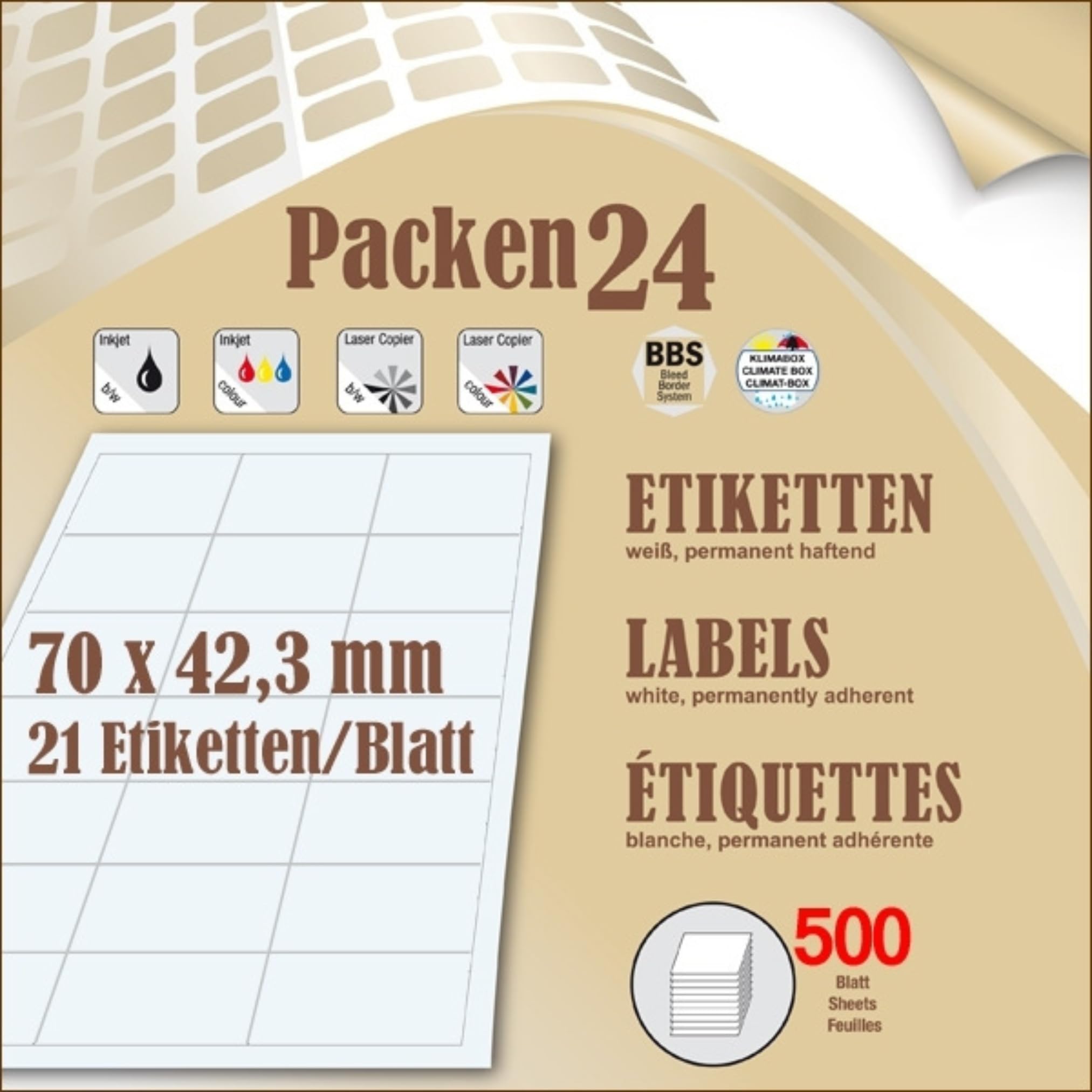 Box(en) a 500 Blatt 70 x 42,4 mm Etiketten Packen24 selbstklebend A4 (36)