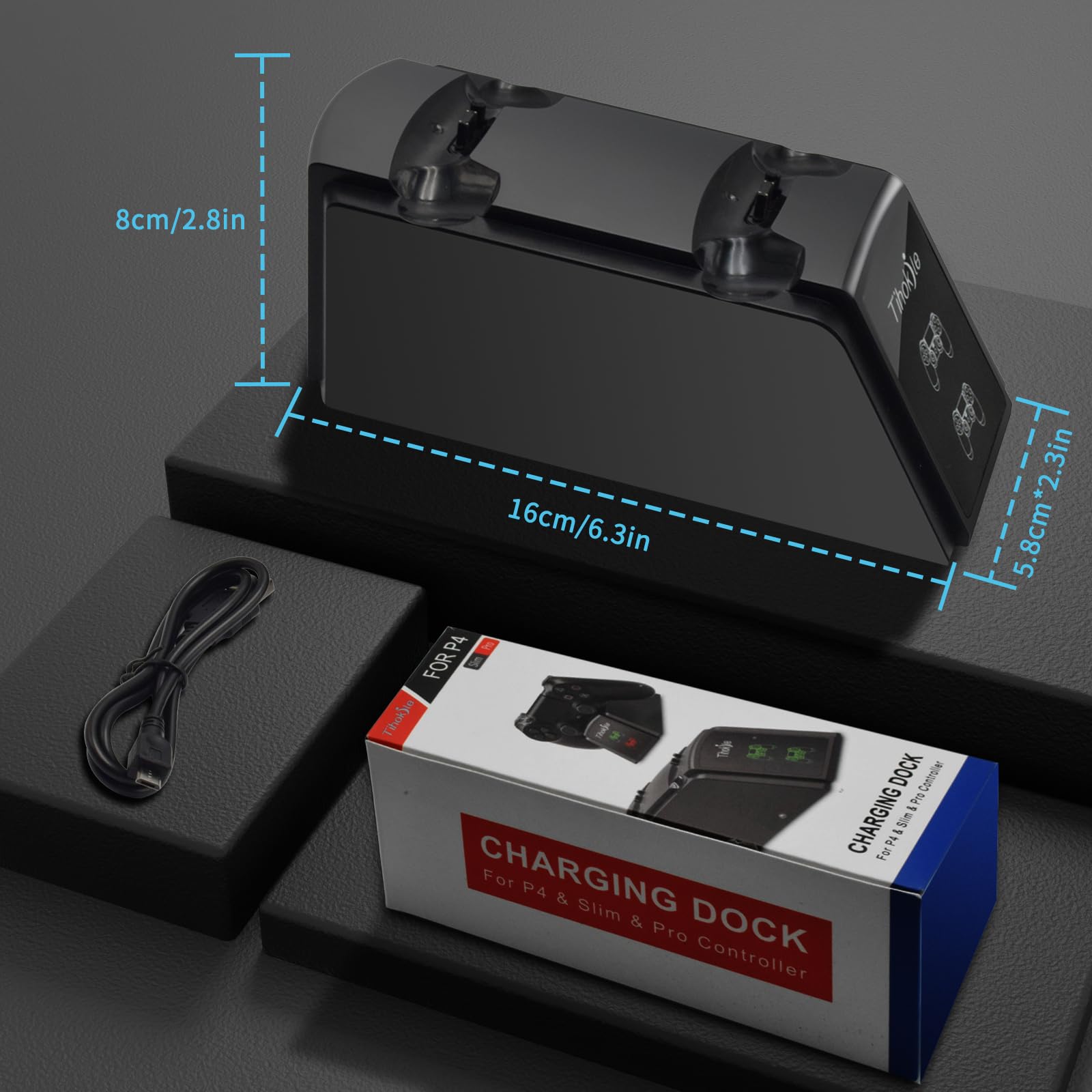 Station de Charge Double PS4 avec Câble USB et Indicateur LED pour Manette Sans Fil PS4/Pro/Slim (Noir)