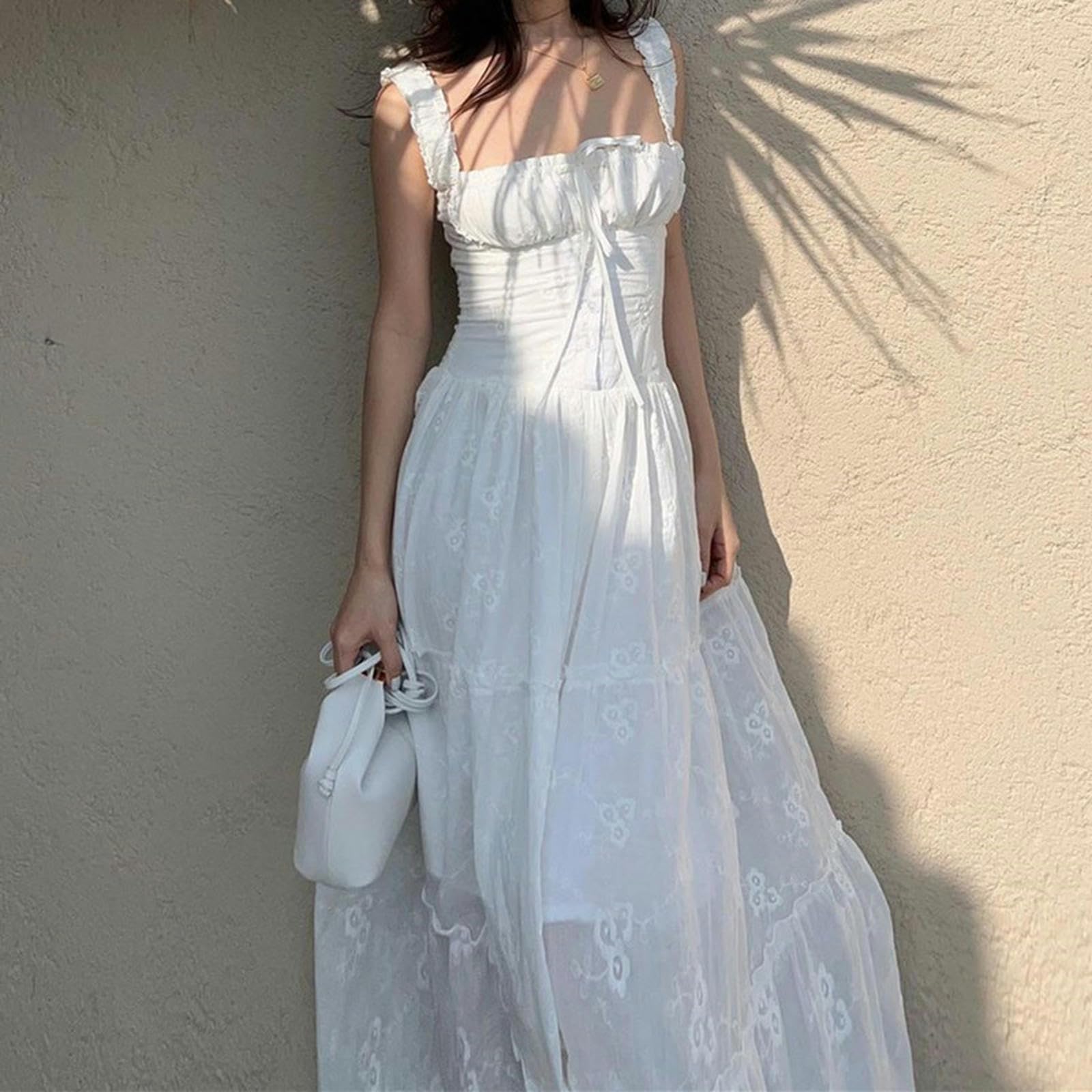 Abito Bianco Slim con Gonna Lunga Dolce Estiva da Donna con Ricamo in Vita - Bianco - M