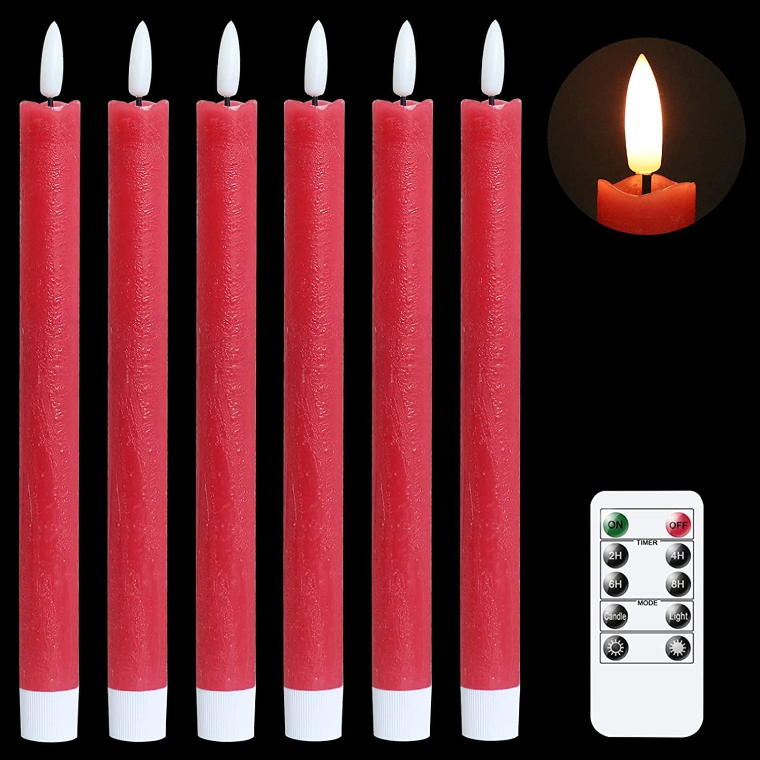 Eldnacele Velas cónicas rojas sin llama parpadeantes con control remoto de 10 teclas, funciona con pilas, paquete de 6, decoración de Navidad para el hogar y la boda (0.78x9.64 pulgadas)