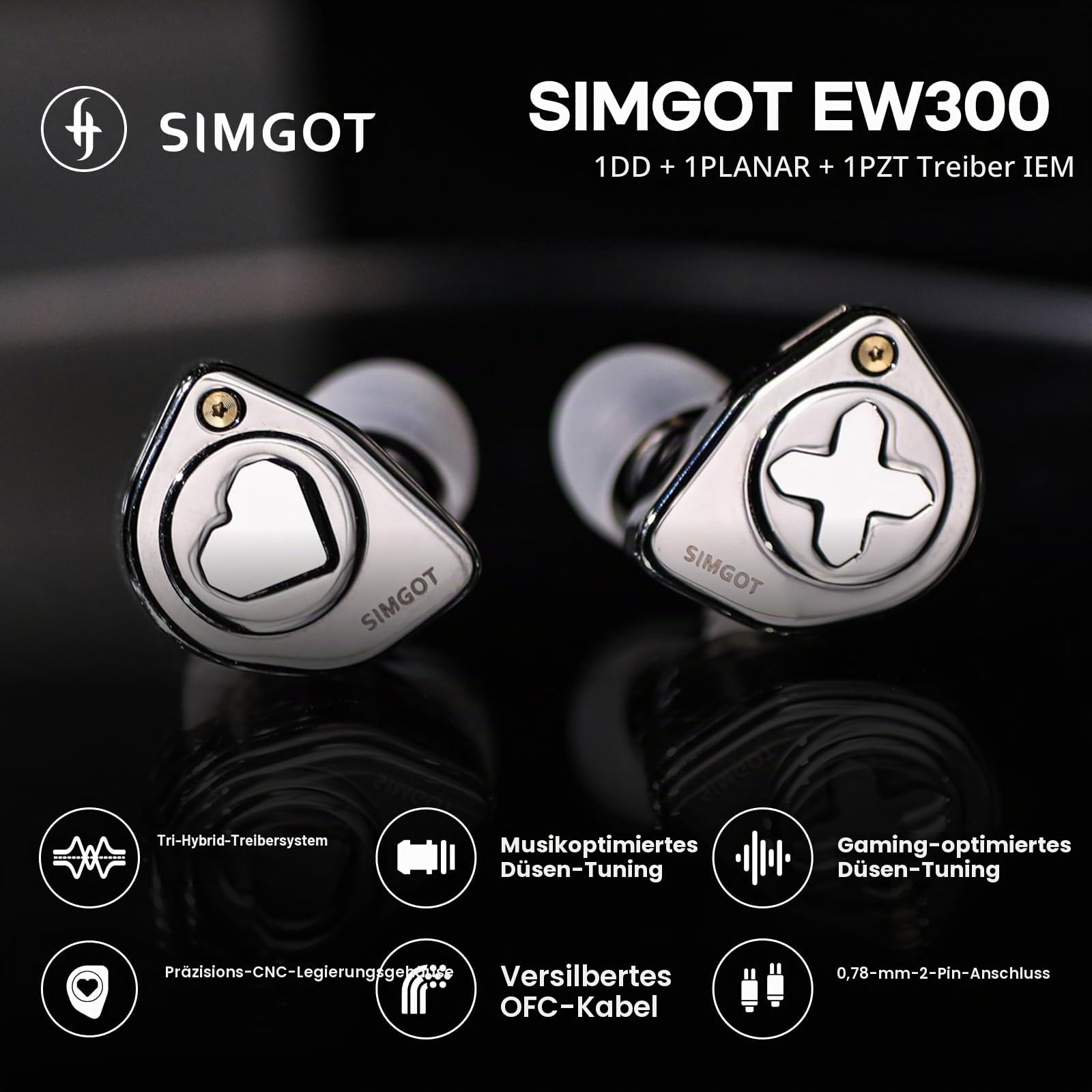 SIMGOT EW300 In-Ear-Monitor, 1DD+1Planar+1PZT Hybrid-Treiber IEM-Ohrhörer, HiFi kabelgebundene Ohrhörer mit abnehmbaren Düsen, Gaming-Ohrhörer mit OFC-IEM-Kabel für Audiophile (SIMGOT-EW300