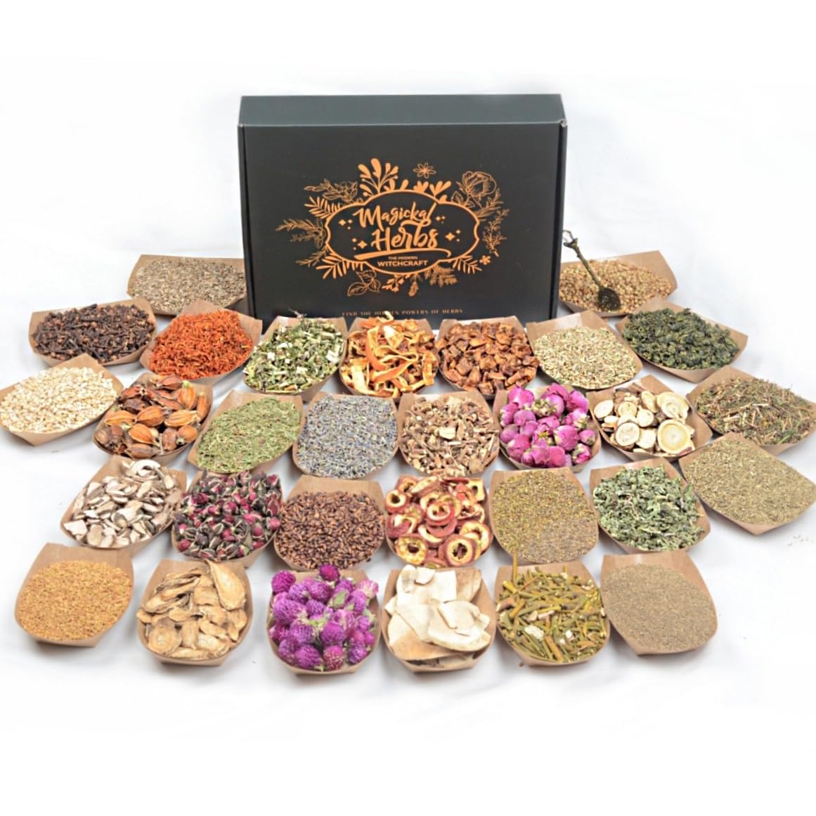 Kit Herbale Magico – 30 Erbe Essiccate in Sacchetti Etichettati, Cucchiaio di Cristallo per Rituali Wicca, Pulizia Energetica, Lancio di Incantesimi, Guarigione Spirituale, Barattoli di Incantesimi