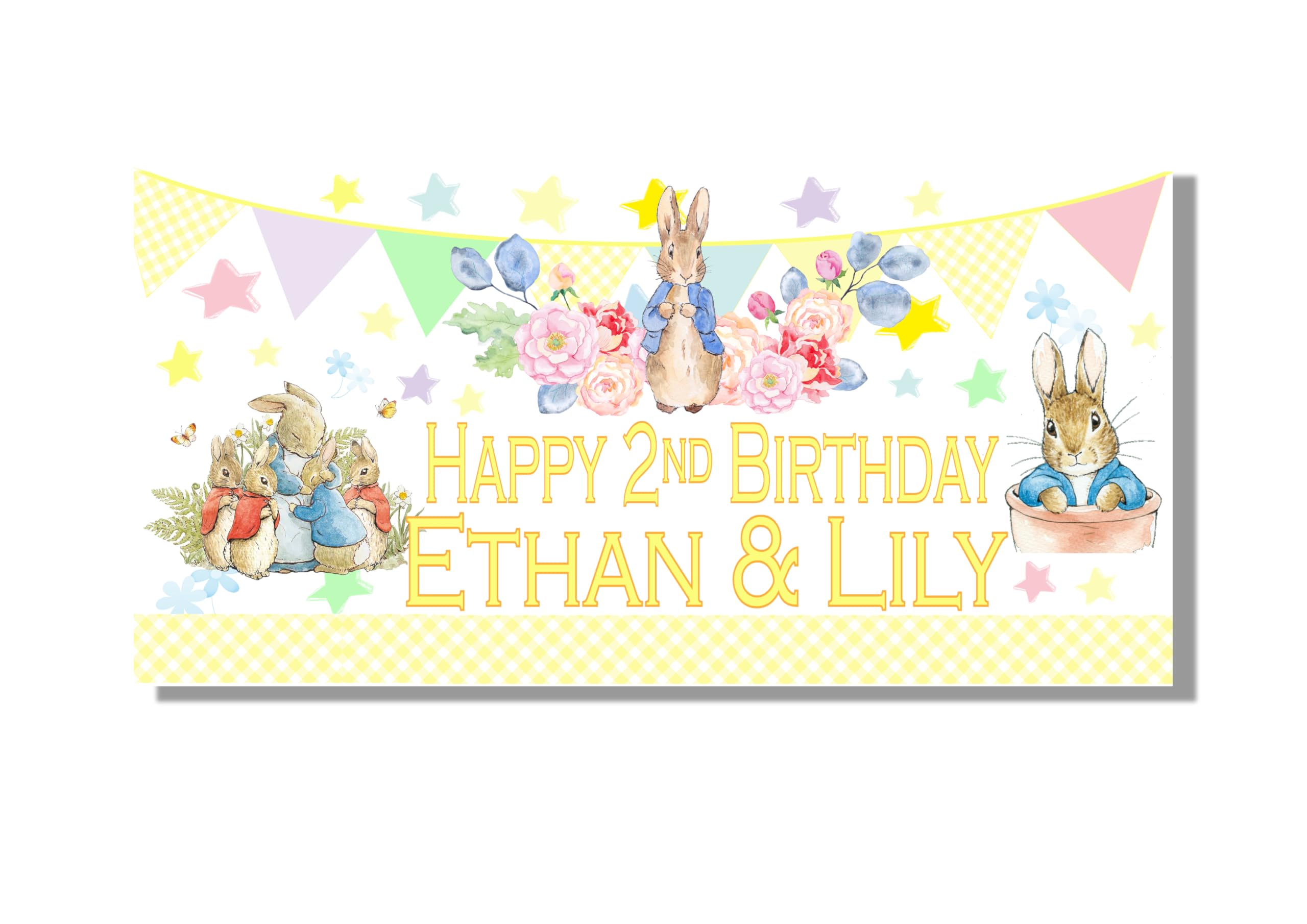 Personalised Peter Rabbit Birthday Decorations Party Banner with Photo for Boys or Girls Unisex Kids Twins Large 4ftx2ft Any Names and Age First 1st 2nd 3rd 4th 5th Poster Backdrop Welcome Sign