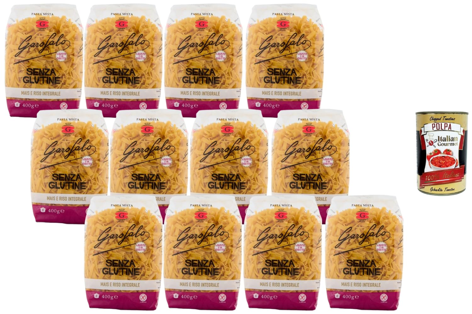 Italian Gourmet Glutenfreie Pasta Mista 12er Pack, 12 x 400 g, Mais & Vollkornreis, italienische Nudelmischung ohne Gluten, ideal für Vorrat, Familie, Büro & Gastro + Italian Gourmet Polpa