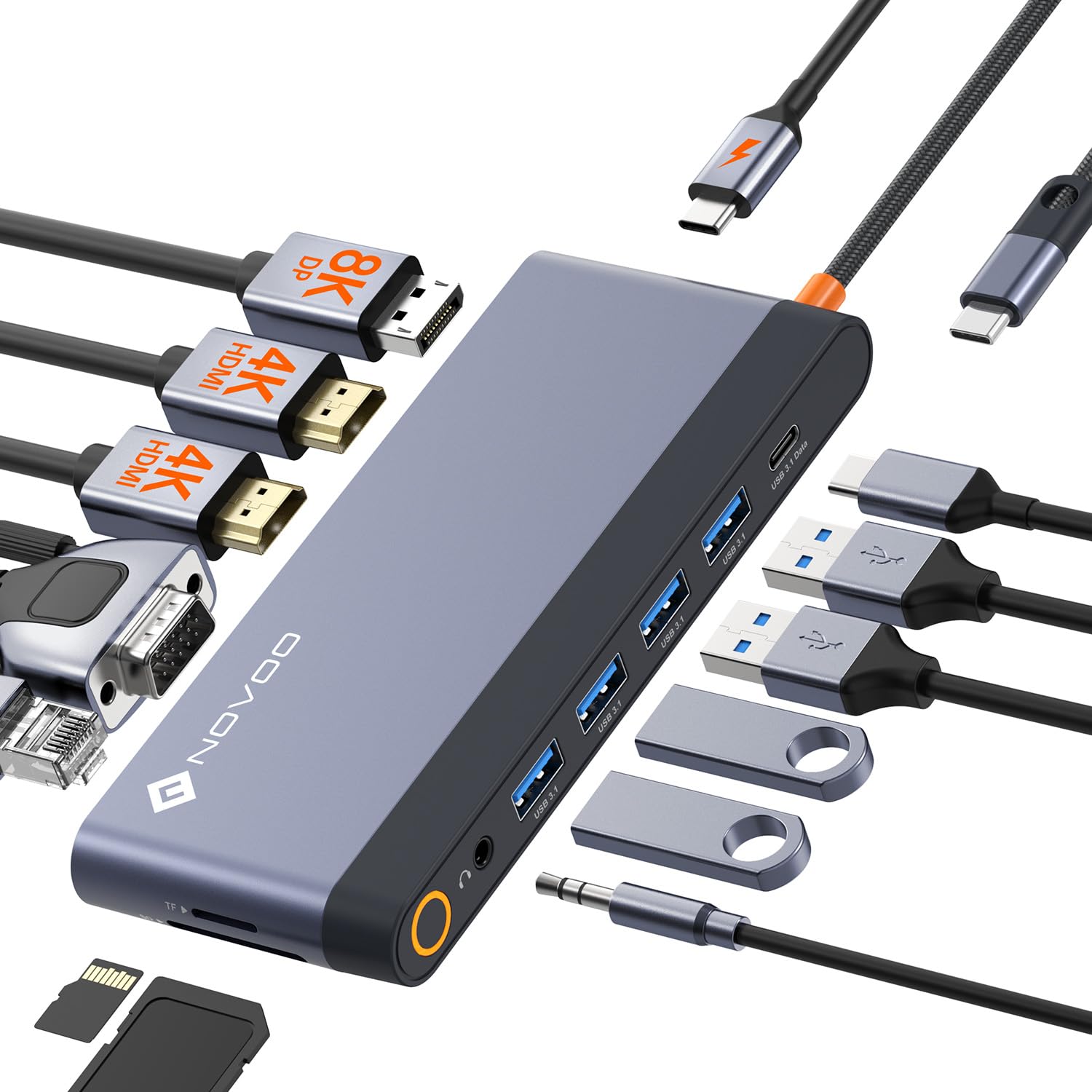 NOVOO USB C Quad Display Docking Station 14 in 1 Dual Monitor Laptop Multiport Adapter DP 8K@30Hz Dual HDMI 4K@60Hz VGA 5 USB 3.1 PD 100W Ethernet SD/TF Mic/Audio