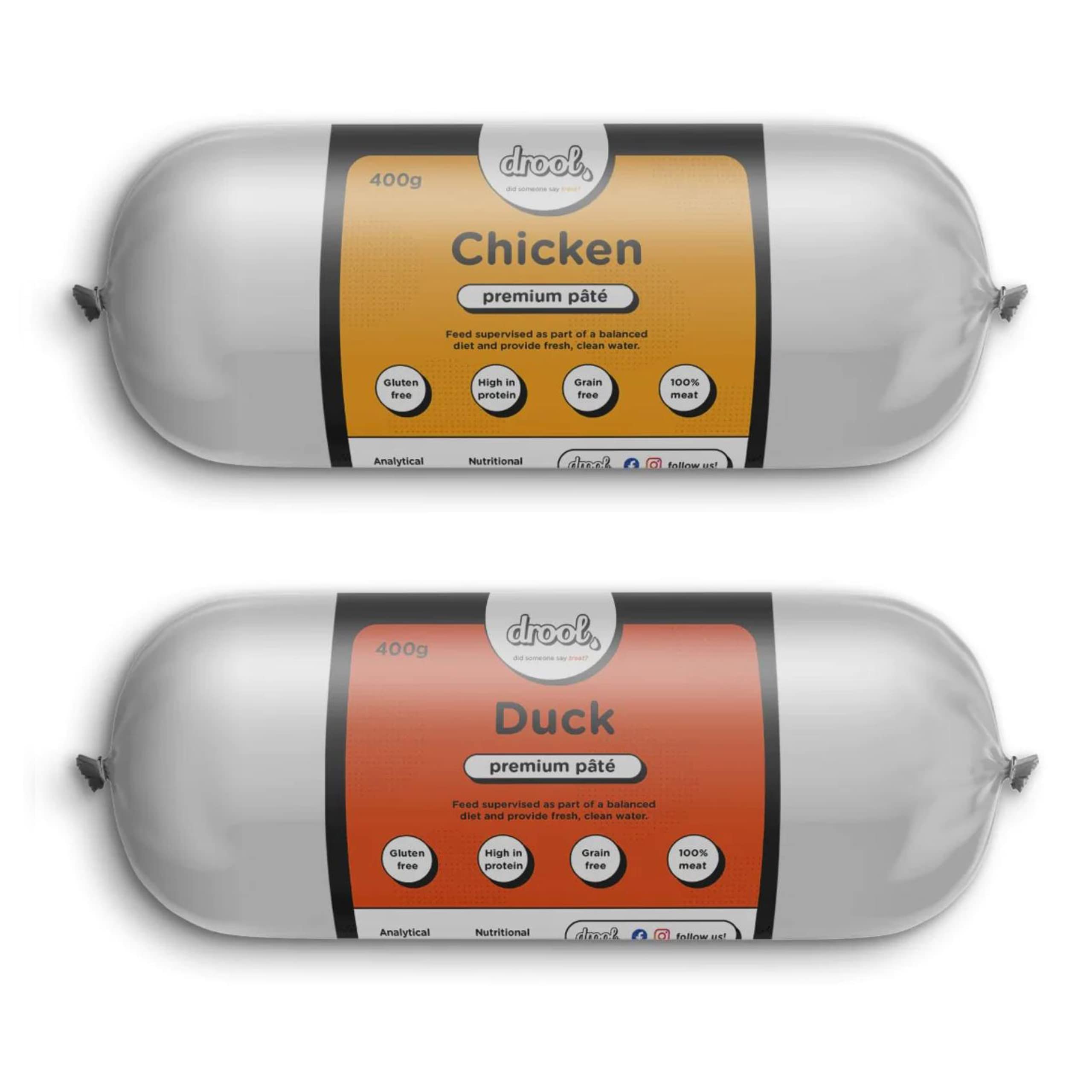 Drool Pet Products | Premium Chicken & Duck Dog Pate Tube Roll | Grain-Free High Protein Dog Food | Twin Pack 2 x 400g โ image 1