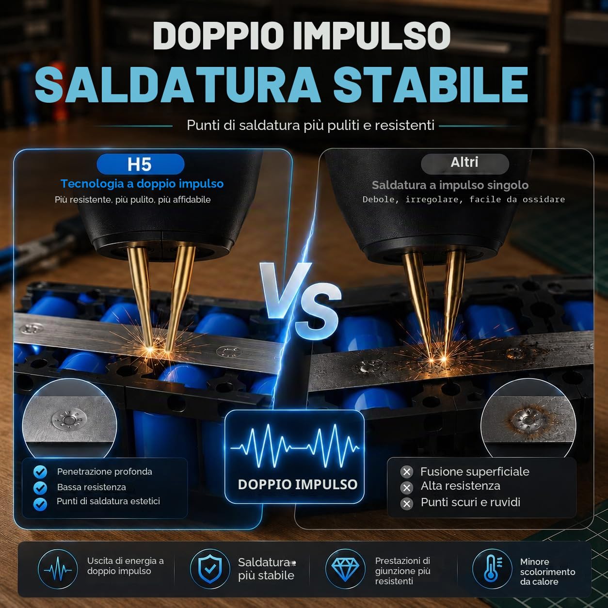 H5 Saldatrice a punti per batterie,aggiornata da 0,1-0,3mm con doppia uscita a impulsi, 5000mAh 0,2mm di nichel puro, 99 livelli regolabili (H5)