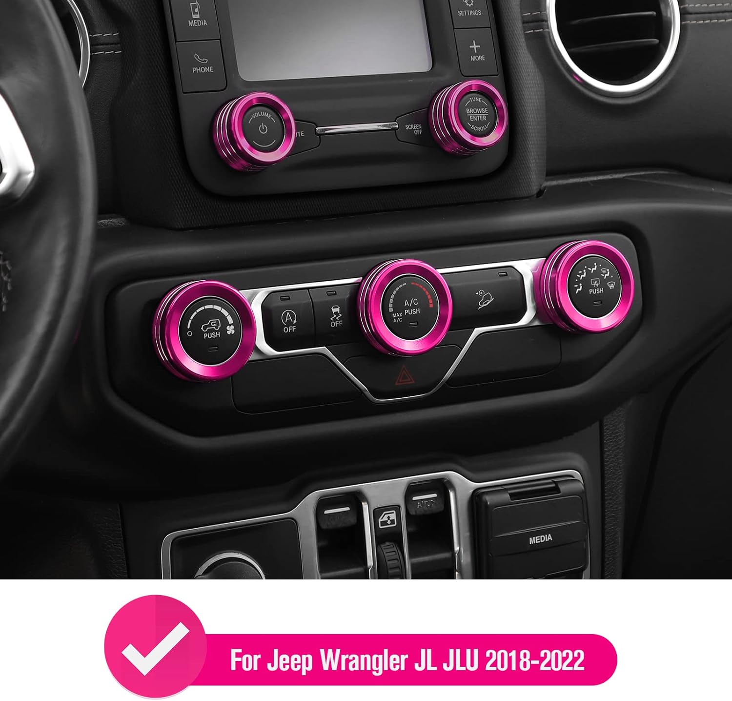 JeCar Console Switch Knob Cover Air Conditioner Headlight Button Trim Aluminum Alloy Interior Accessories Compatible with Jeep Wrangler JL JLU 2018-2023 & Gladiator JT with Specific Dial Panel, Pink